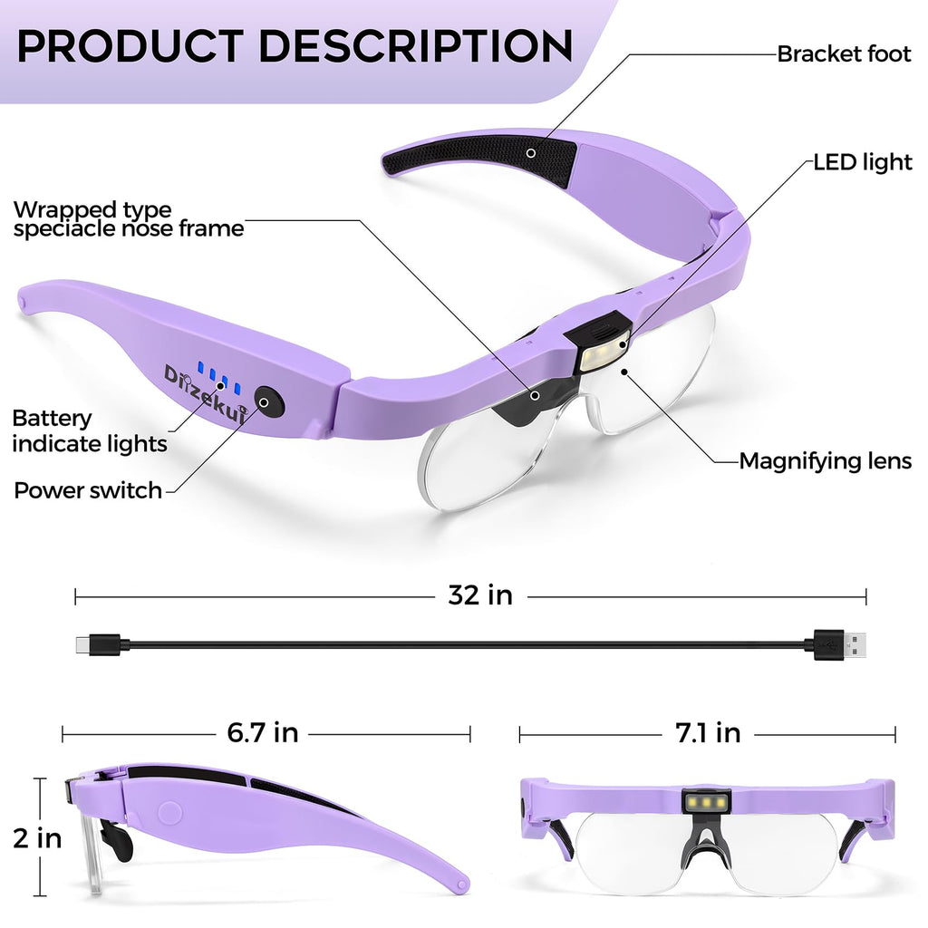 Magnifying Glass with Light 1.5X to 5.0X, Rechargeable Magnifying Glasses Head Magnifier, Lighted Magnify Glass with 4 Detachable Lenses, Magnifier Headset for Close Work Hobbies Jewelry