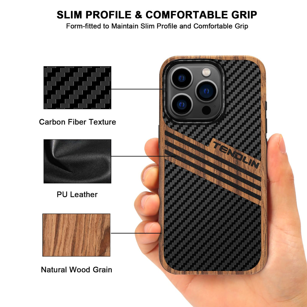 TENDLIN Compatible with iPhone 15 Case Wood Grain with Carbon Fiber Texture Design Leather Hybrid Slim Case (Black)