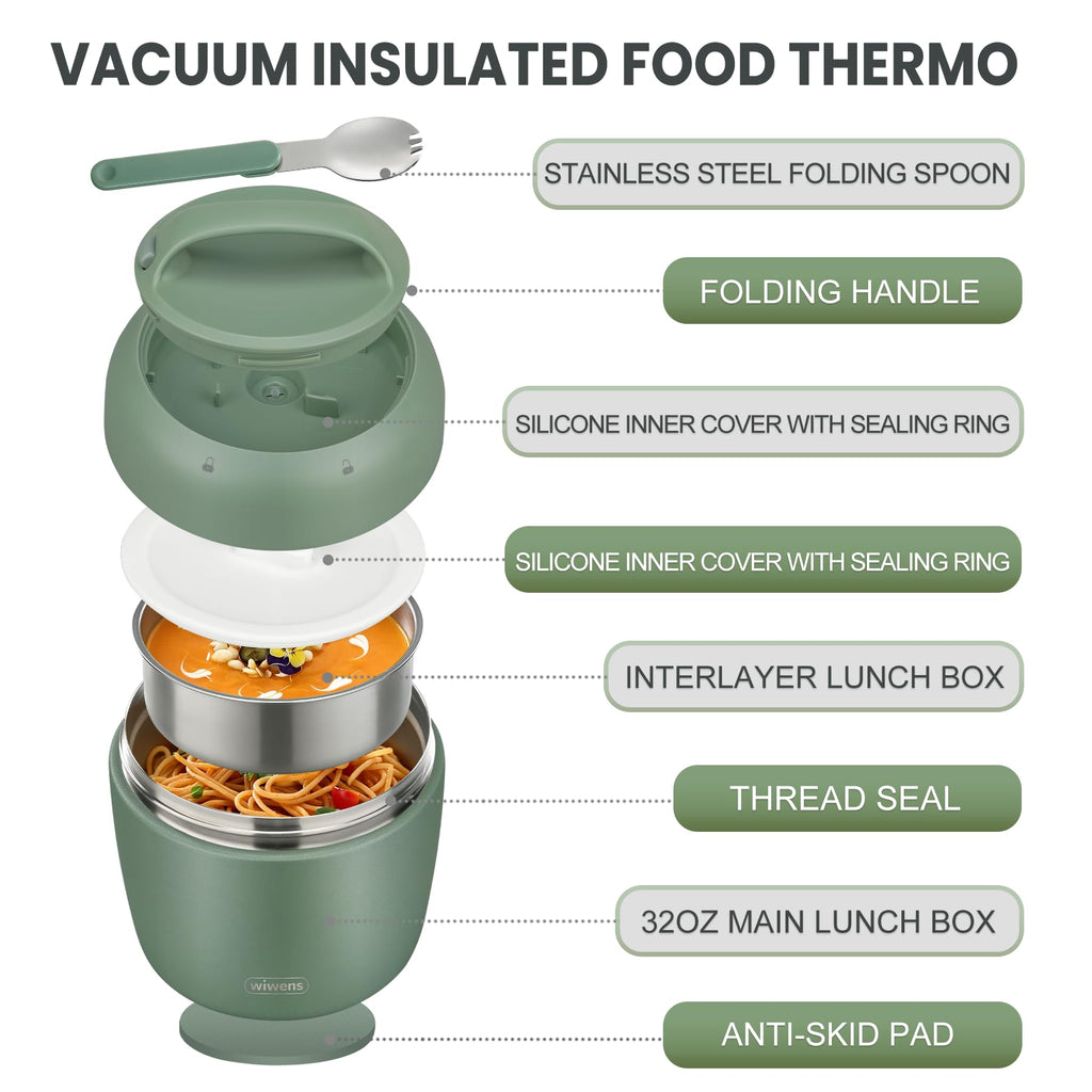 wiwens Thermo Food Jar for Hot Food Adults 32OZ Soup Thermo Lunch Containers Wide Mouth Vacuum Insulated Stainless Steel Leakproof Bento Box with Spoon (Beige)
