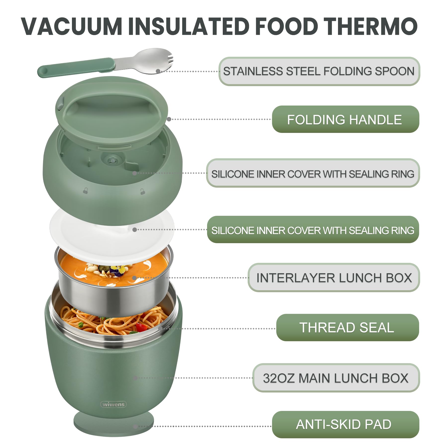 wiwens Thermo Food Jar for Hot Food Adults 32OZ Soup Thermo Lunch Containers Wide Mouth Vacuum Insulated Stainless Steel Leakproof Bento Box with Spoon (Beige)