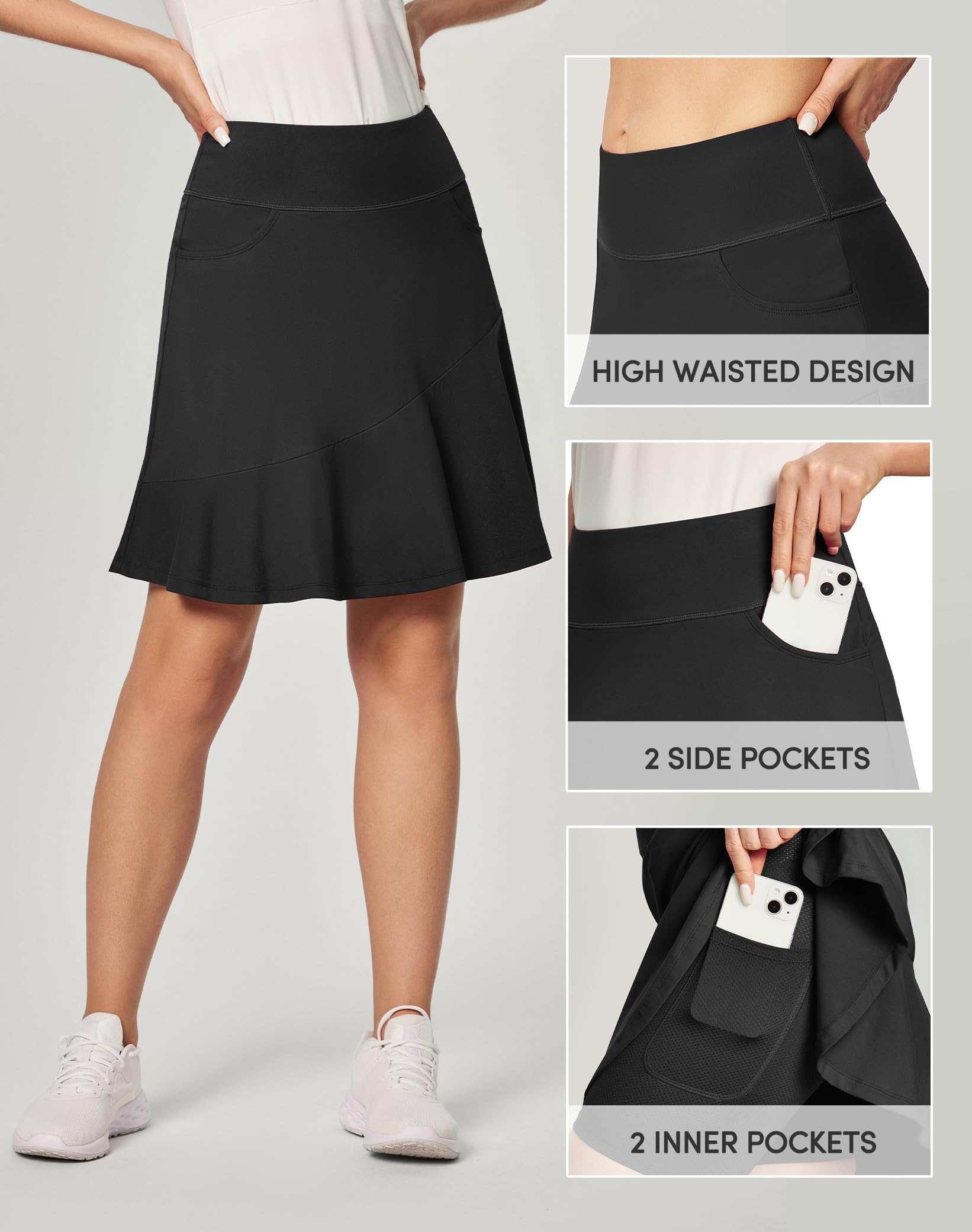 IUGA Ruffle Knee Length Skorts for Women with Pockets High Waisted Skirt with Shorts Underneath for Golf Athletic 20''