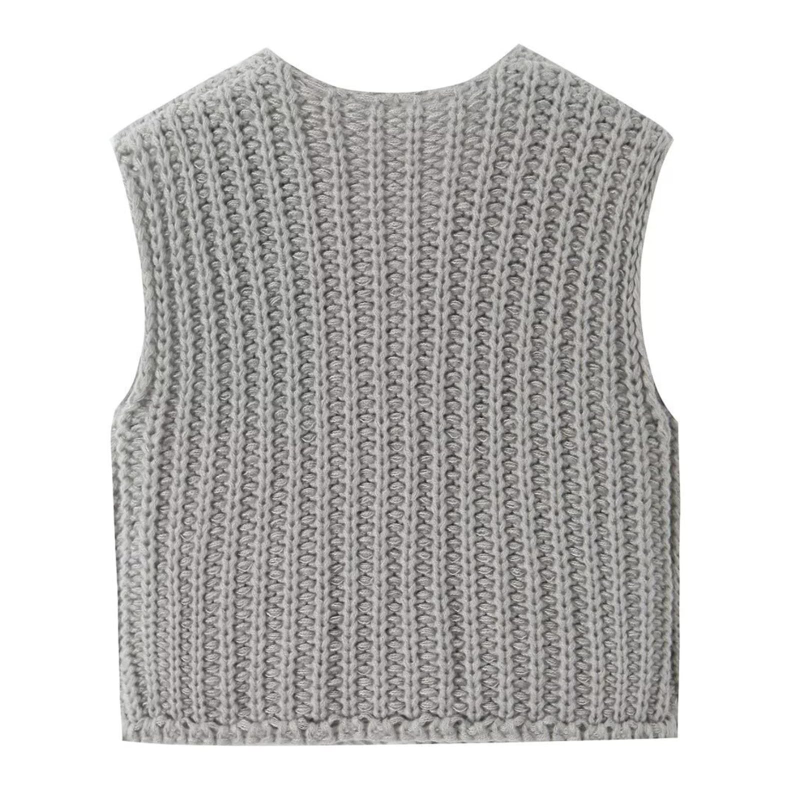 KEOMUD Women's Sleeveless Cropped Knit Cardigan Casual Button Down Crochet Sweater Vest Tops with Pockets