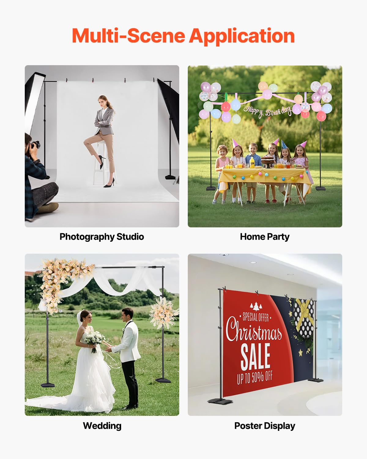 VEVOR Backdrop Stand, 5 x 6.5 ft Adjustable Photo Backdrop Stand Kit, Portable Background Backdrop Stand with 3 Crossbars, Heavy Duty Projector Screen Stand, for Wedding, Photo Video Studio & Party