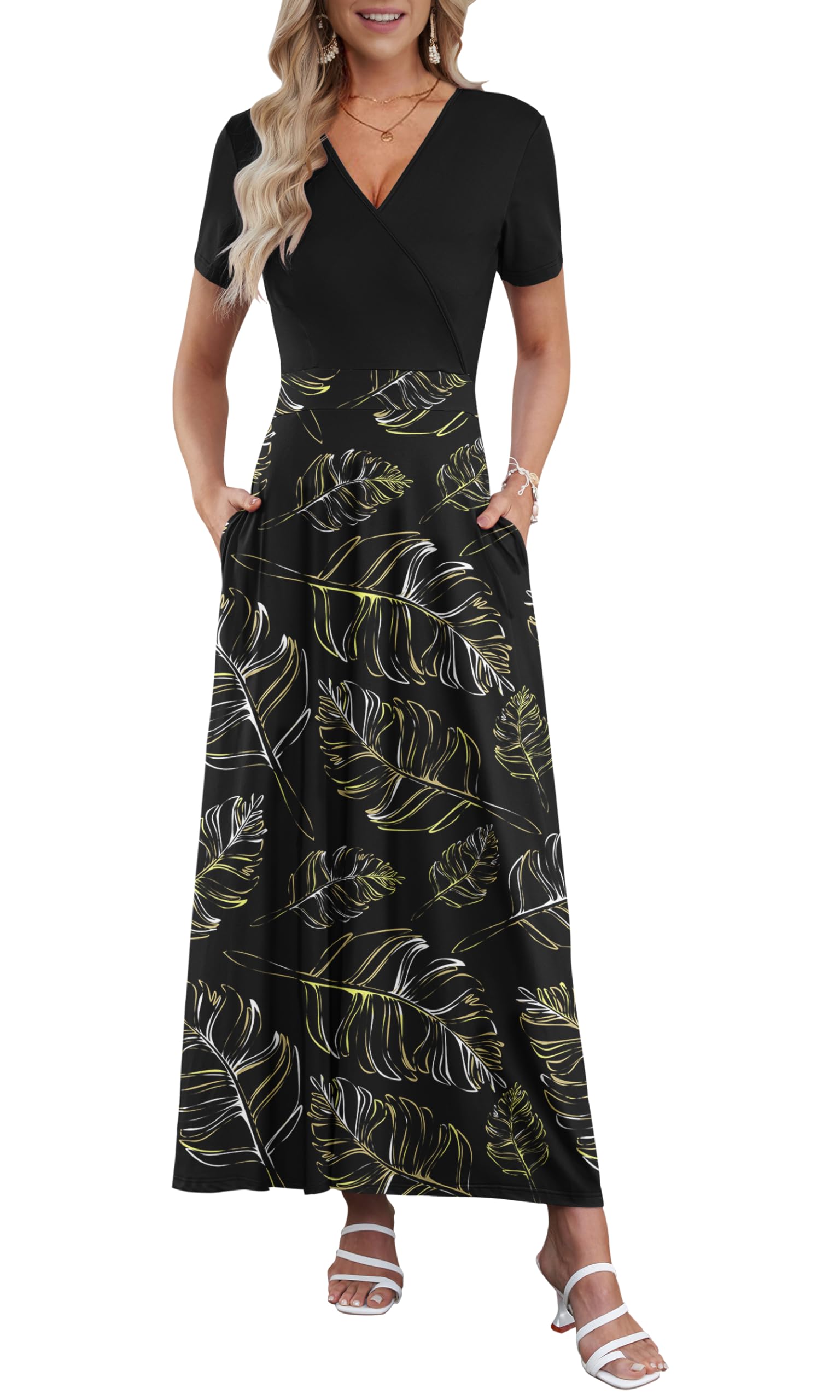 AUSELILY Maxi Dresses for Women Ankle Length Floral Print Beach Long Flowy Dress with Pockets