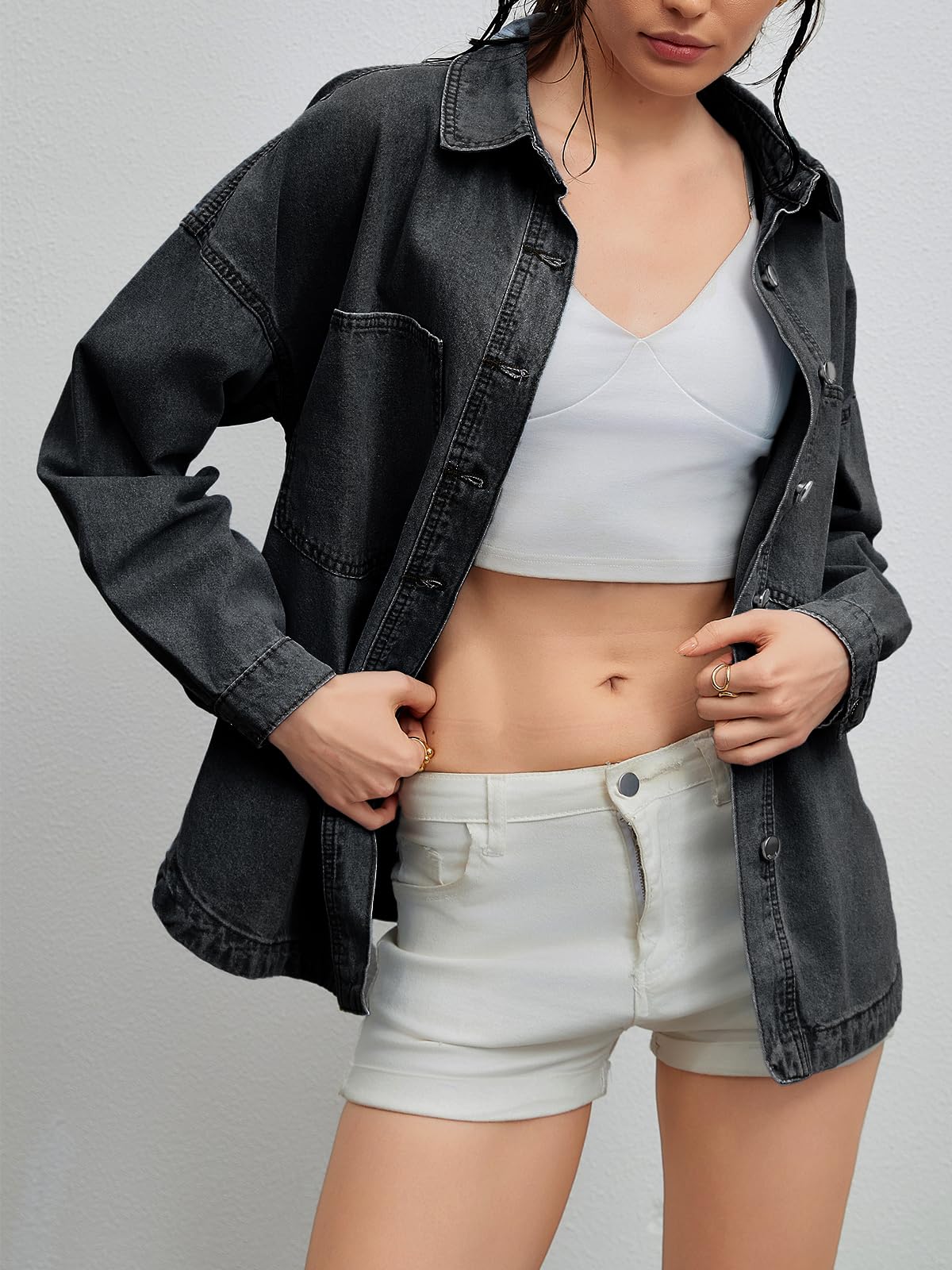 LifeShe Women Denim Shirt Jean Jacket Oversize Button Down Shirt Long Sleeve Jean Tops Trendy Shackets