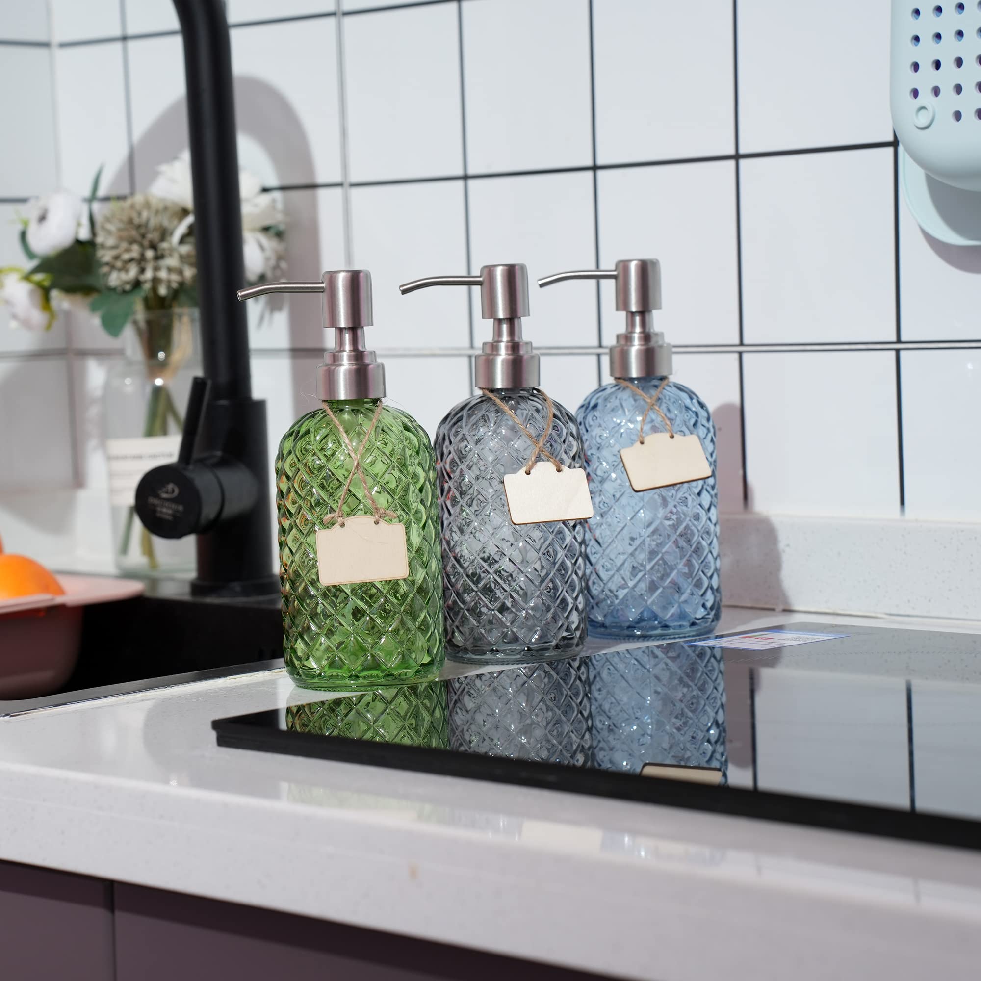 16 oz Diamond Pattern Glass Soap Dispenser, Kitchen and Bathroom Refillable Soap Dispenser with Rust Resistant Stainless Steel Pump for Hand Soap, Lotion Glass Liquid Dispenser(Amber)