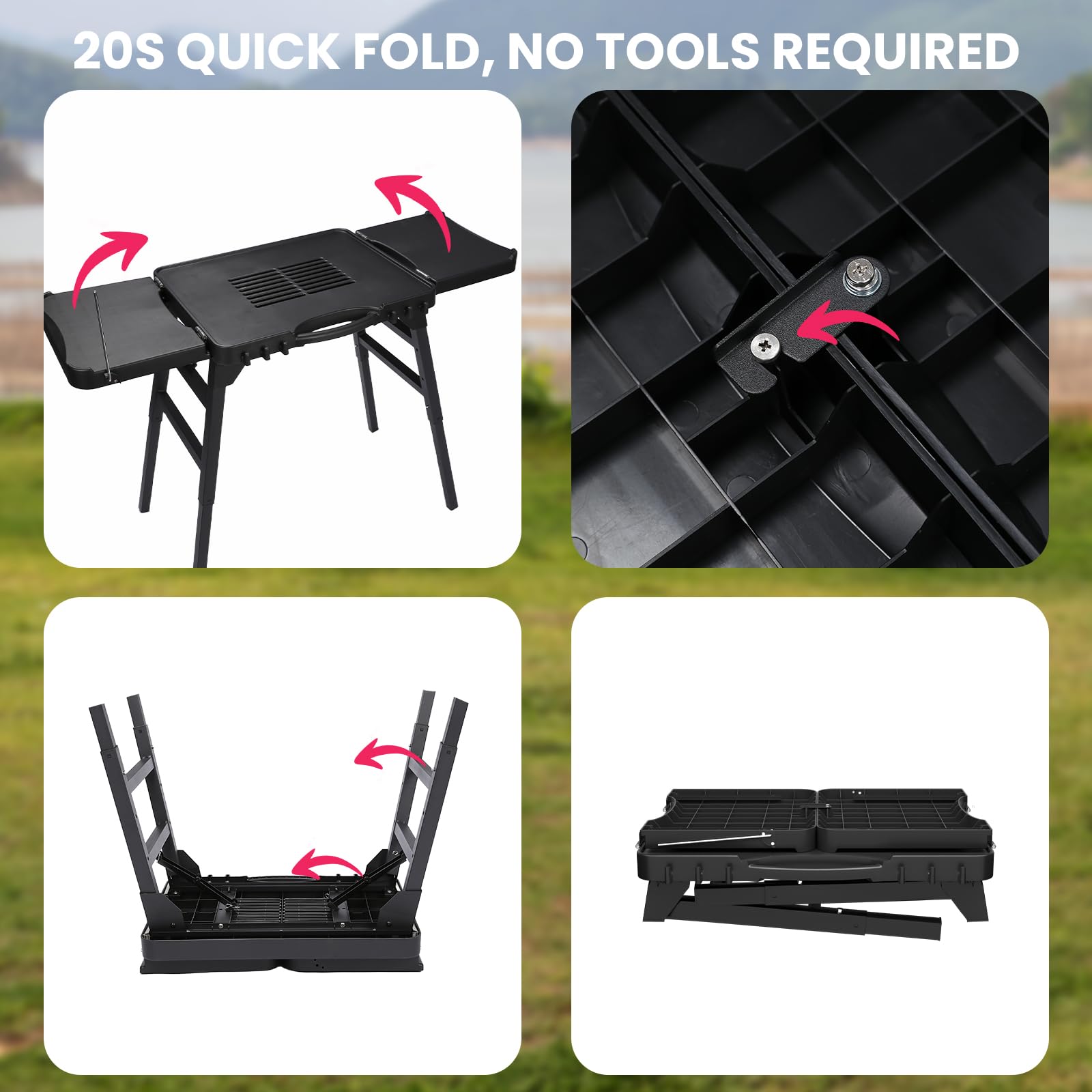GRISUN Foldable Grill Table Stand for Ninja Woodfire Outdoor Grill（OG700/701/751), Portable Camping Table for Blackstone 22", Portable BBQ Stand with 2 Wheels, Side Table & Storage Basket
