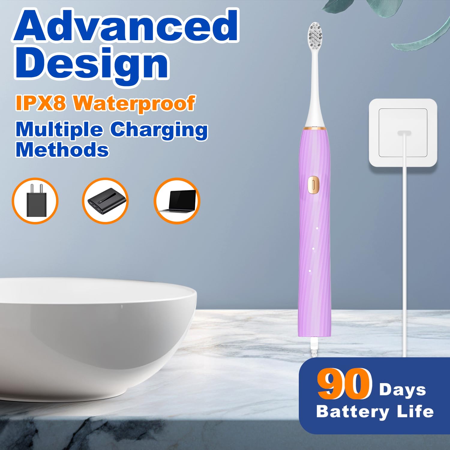 FXQQZZ Electric Toothbrush for Adults and Kids, with Tongue Scraper and Travel Case, 8 Brush Head, Smart Timer & 4 Modes Rechargeable Toothbrush, 42000 VPM Deep Clean, One Charge Last 90 Days - Black