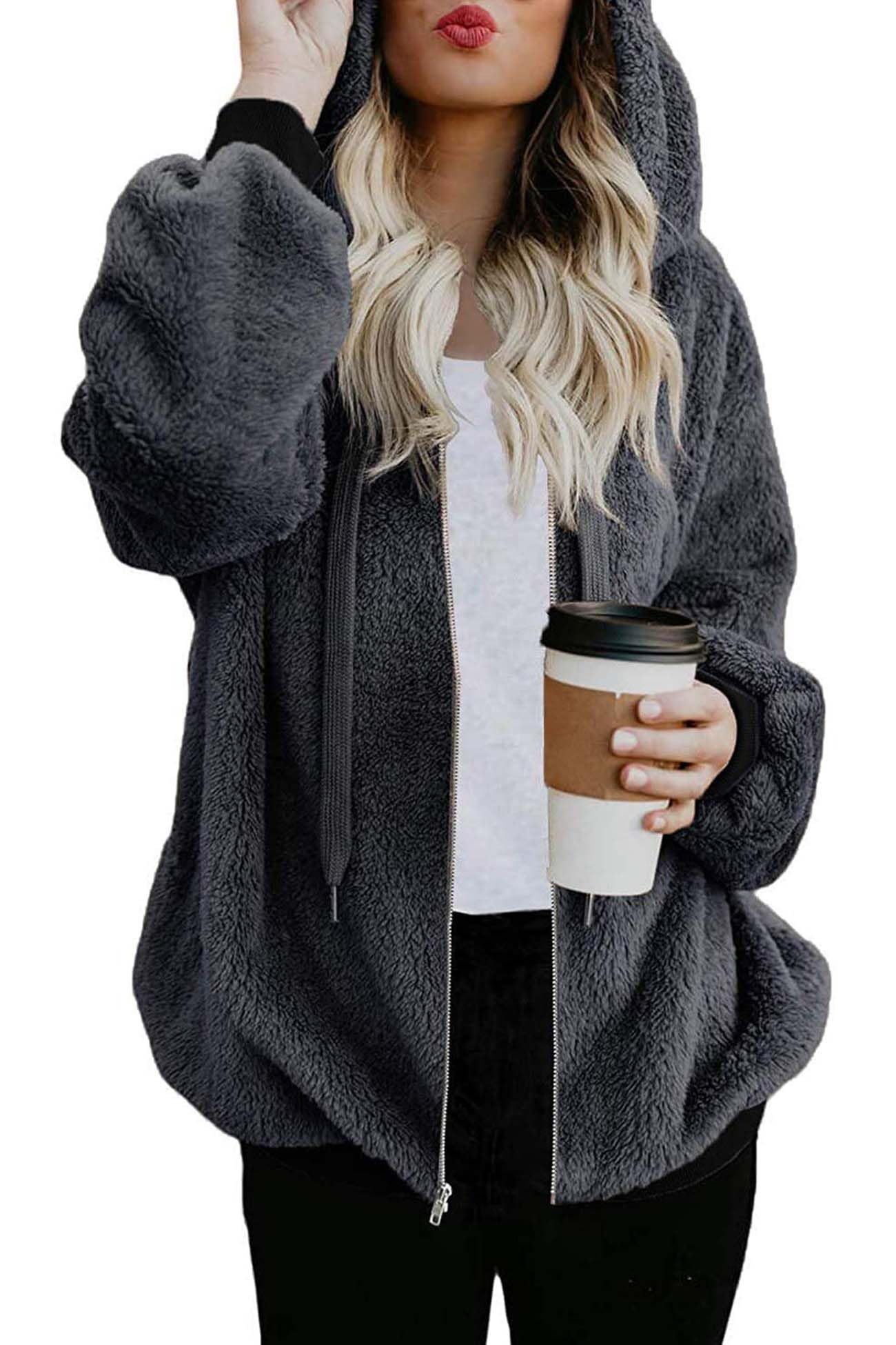 ReachMe Womens Oversized Sherpa Jacket Fuzzy Fleece Zip Up Hoodies with Pockets Warm Fall Outfits Winter Coats