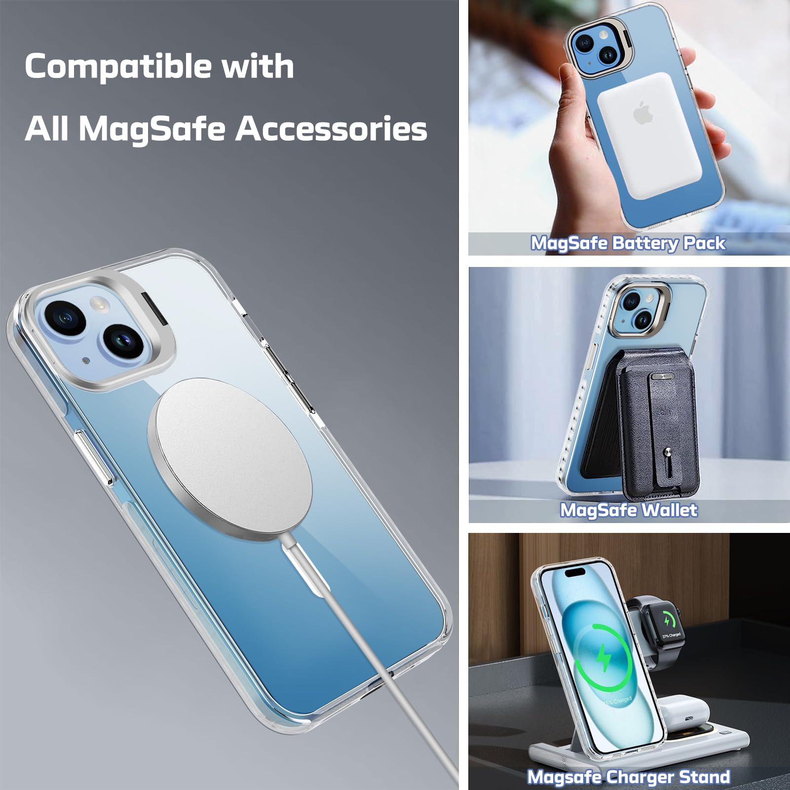 for iPhone 15 Clear Case with Stand, Compatible with MagSafe, Heavy Duty Drop Protection, Full Body Shockproof Magnetic Protective Phone Cover for Apple iPhone 15 (Clear Magnetic)