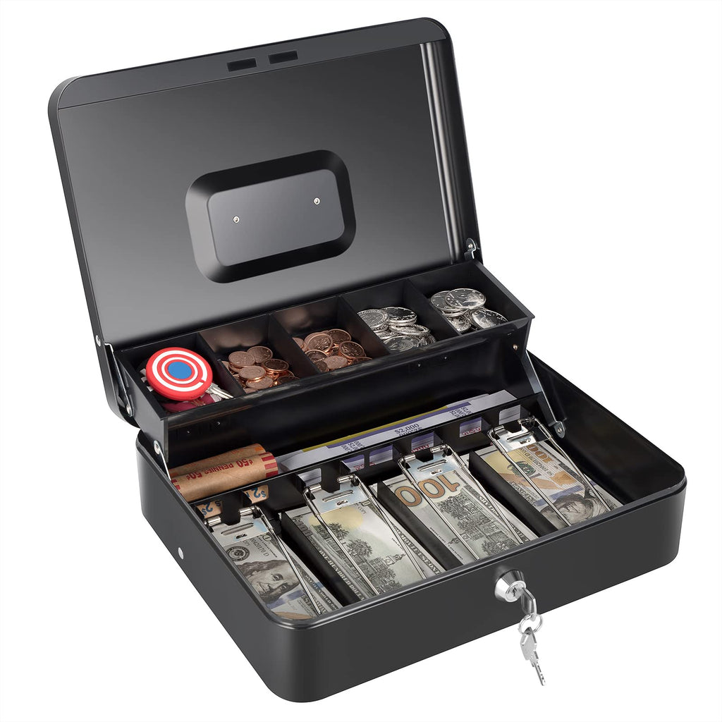 Cash Box with Money Tray and Key Lock, Saving Lock Box with Money Tray Storage for Cash Register 11.8"x9.45"x3.54" Black XL Large