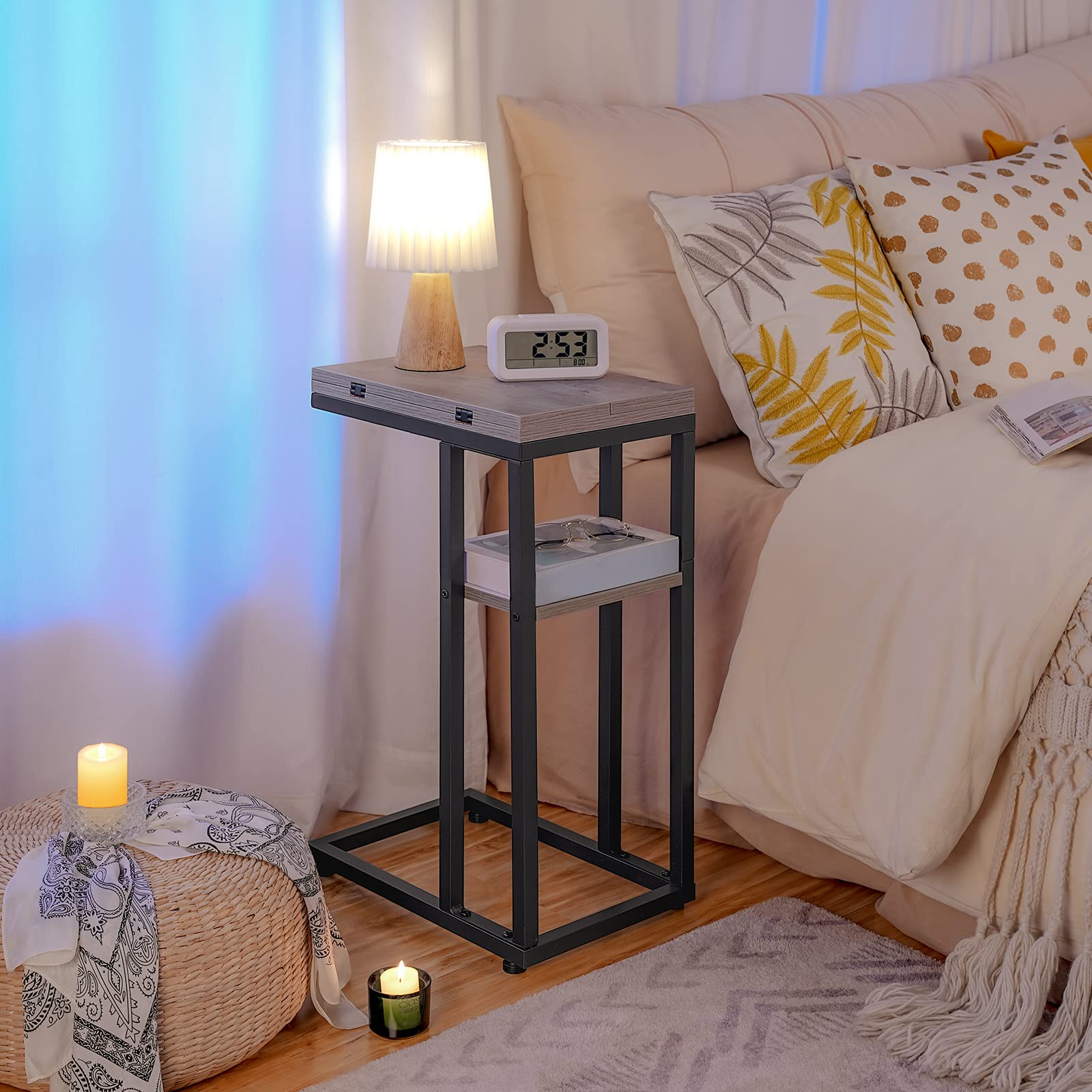 HOOBRO Foldable C Shaped End Table, C Shaped Side Table with Storage Shelf, Small Snack Table, Slide Under Couch Table for Sofa, Living Room Bedroom Small Spaces Easy Assembly, Black BK29SF01
