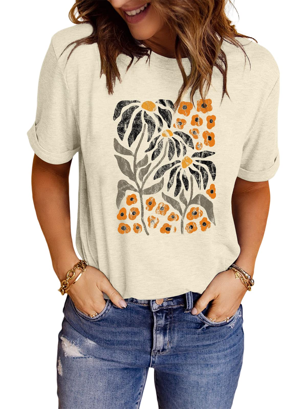 Anbech Womens Dandelion Graphic T-Shirts Teen Girls Cute Sunflower Print Casual Tee Tops
