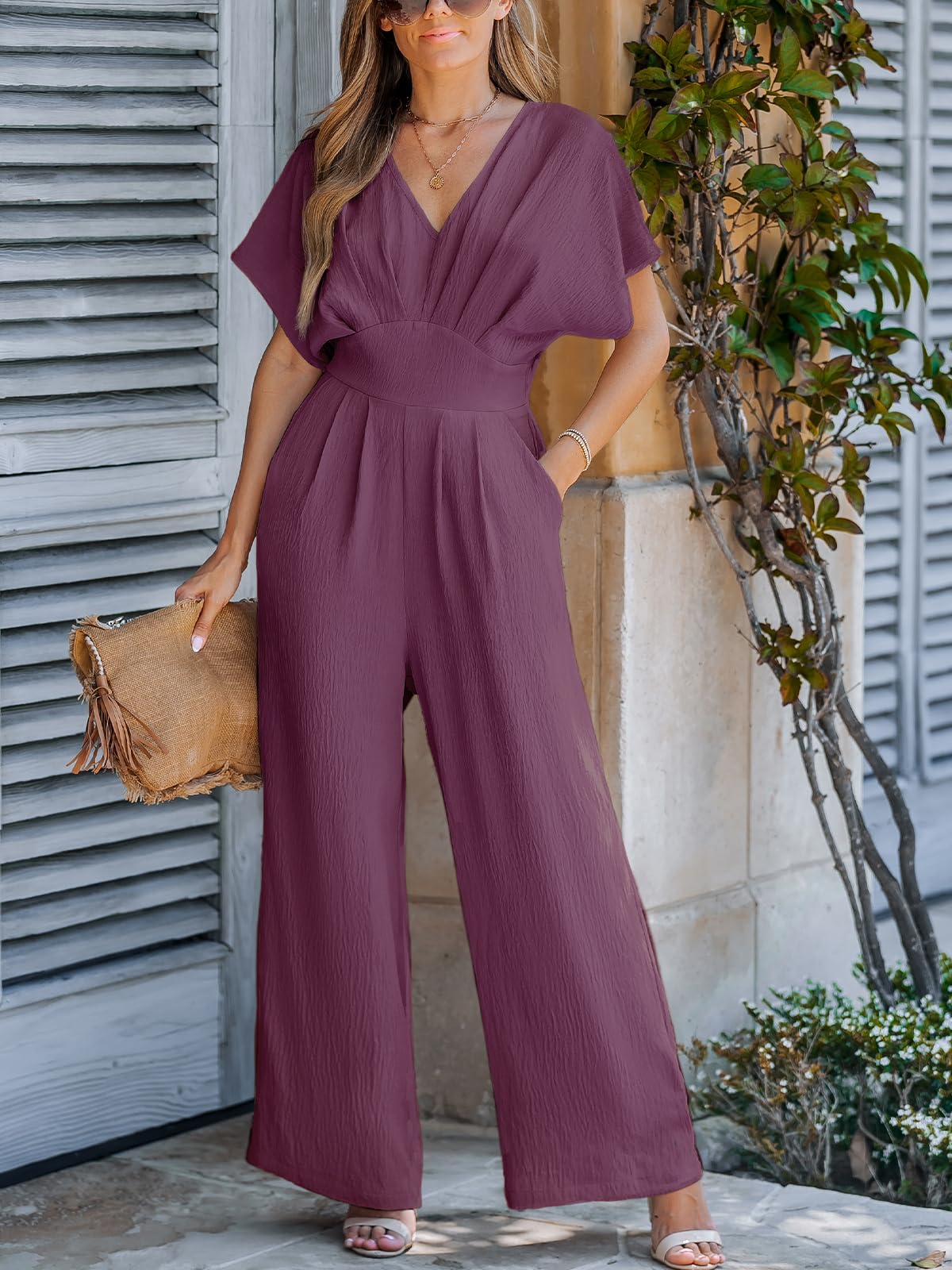 CUPSHE One Piece Jumpsuits for Women Casual Summer V Neck Batwing Sleeve Wide Leg Elegant Overalls Sexy Vacation Outfits