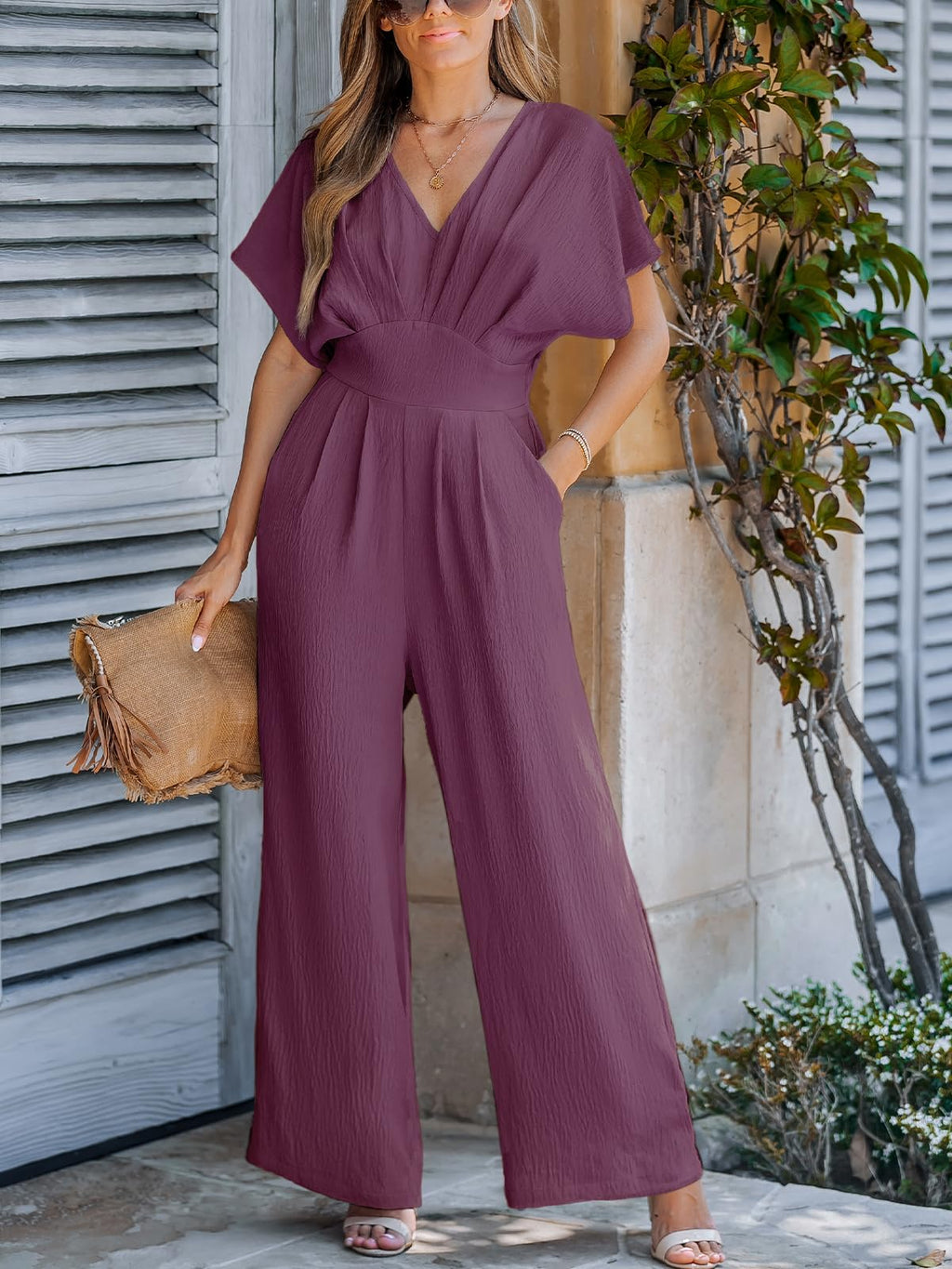 CUPSHE One Piece Jumpsuits for Women Casual Summer V Neck Batwing Sleeve Wide Leg Elegant Overalls Sexy Vacation Outfits