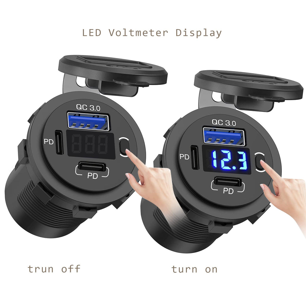 12V USB Outlet, Dual USB C Car Charger Socket & Quick Charge 3.0 Port with Voltmeter and Power Switch for Car Boat Marine Truck