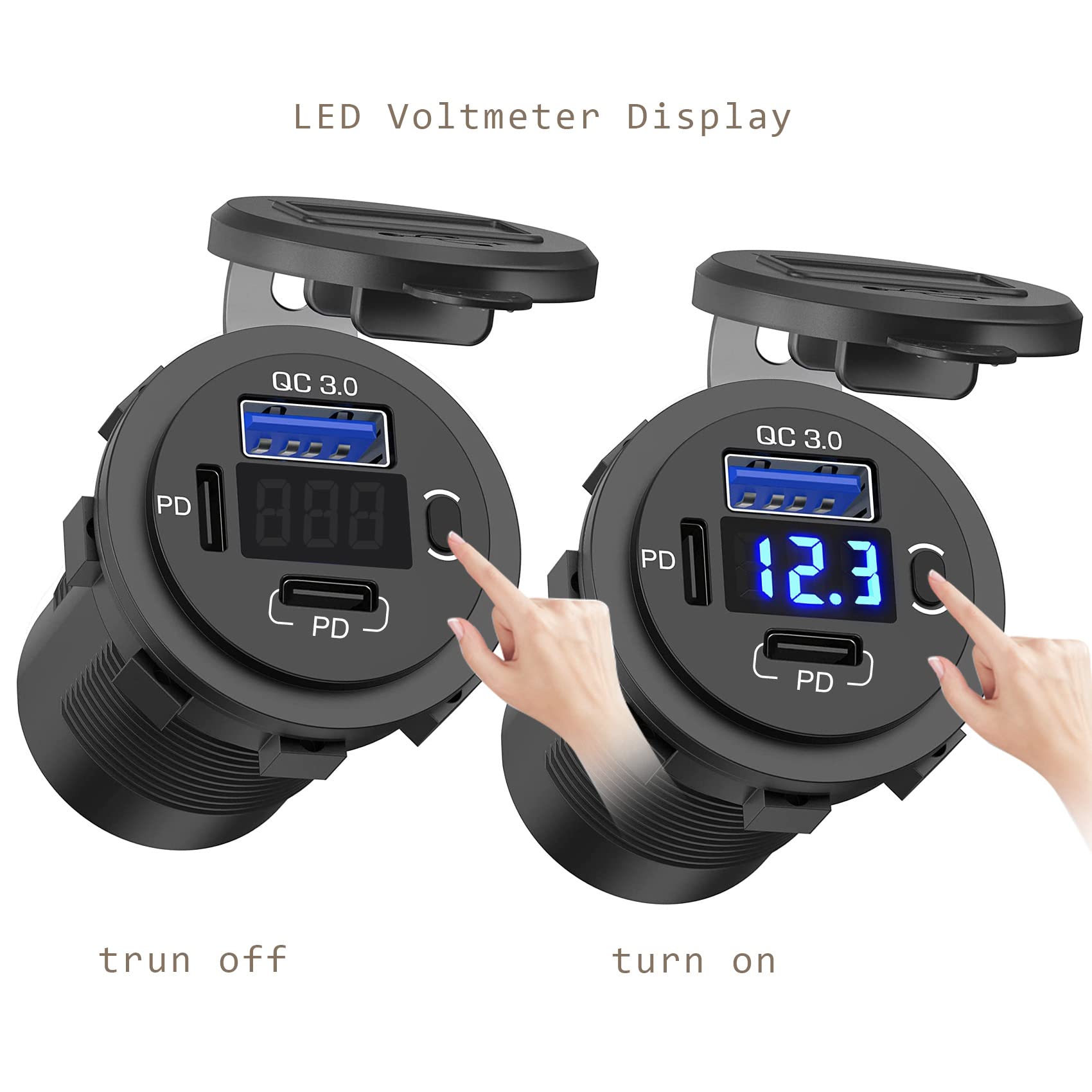 12V USB Outlet, Dual USB C Car Charger Socket & Quick Charge 3.0 Port with Voltmeter and Power Switch for Car Boat Marine Truck