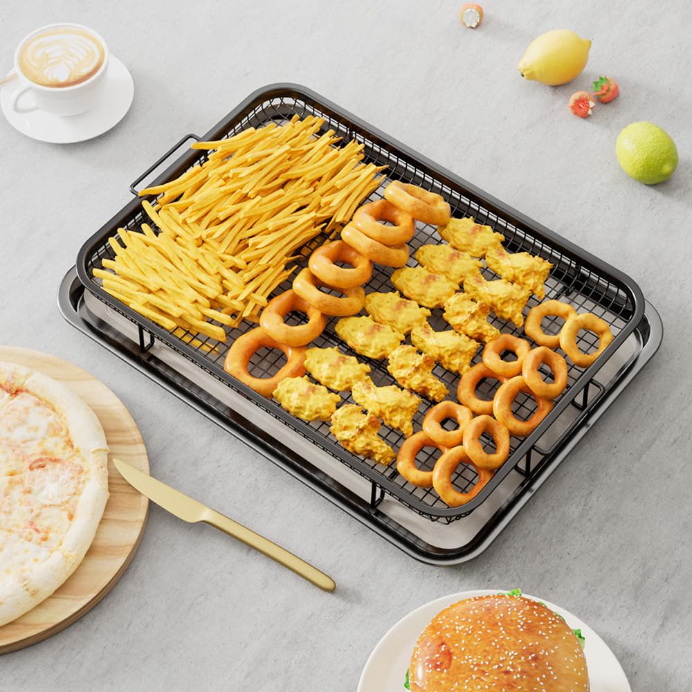 Air Fryer Basket for Oven, Large14.88"×10.98"Air Fryer Pans for Convection Oven with 30 Sheet Parchment Papers, THORSES Non-Stick Stainless Steel Air Fryer Basket and Tray for Multi Cooking - Black