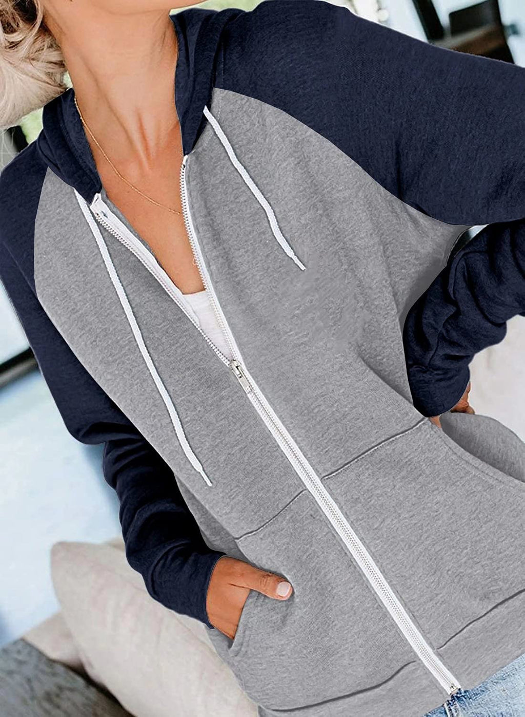EZBELLE Women's Color Block Zip Up Hoodie Sweatshirt Casual Long Sleeve Jacket Sweater with Pockets