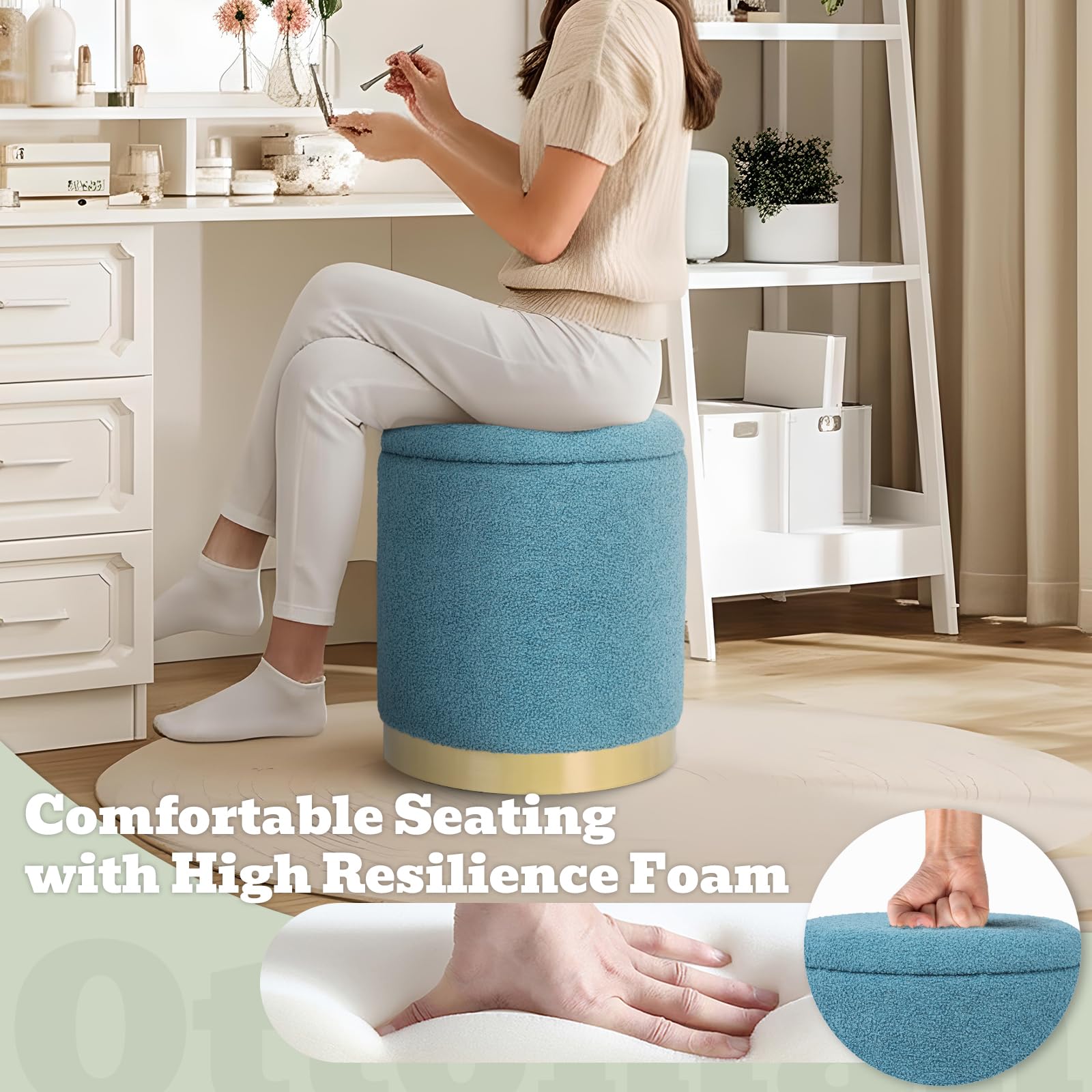 Joveco Boucle Round Ottoman with Storage,Vanity Stool with Storage for Bedroom, Ottoman Coffee Table,Small Boucle Foot Stool for Living Room, Black with Gold Plating