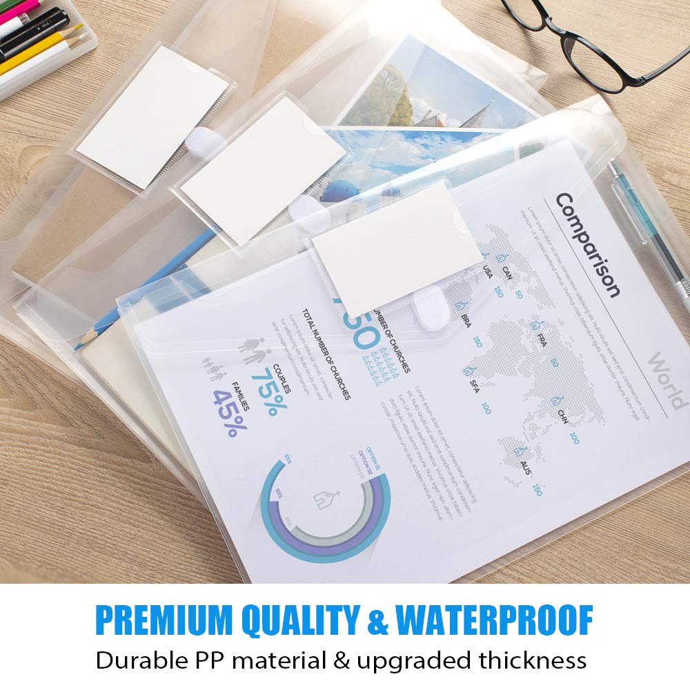 Sooez 5 Pack Plastic Envelopes Poly Envelopes, Clear Document File Folders US Letter A4 Size File Envelopes with Label Pocket for School Home Work Office Organization, Clear