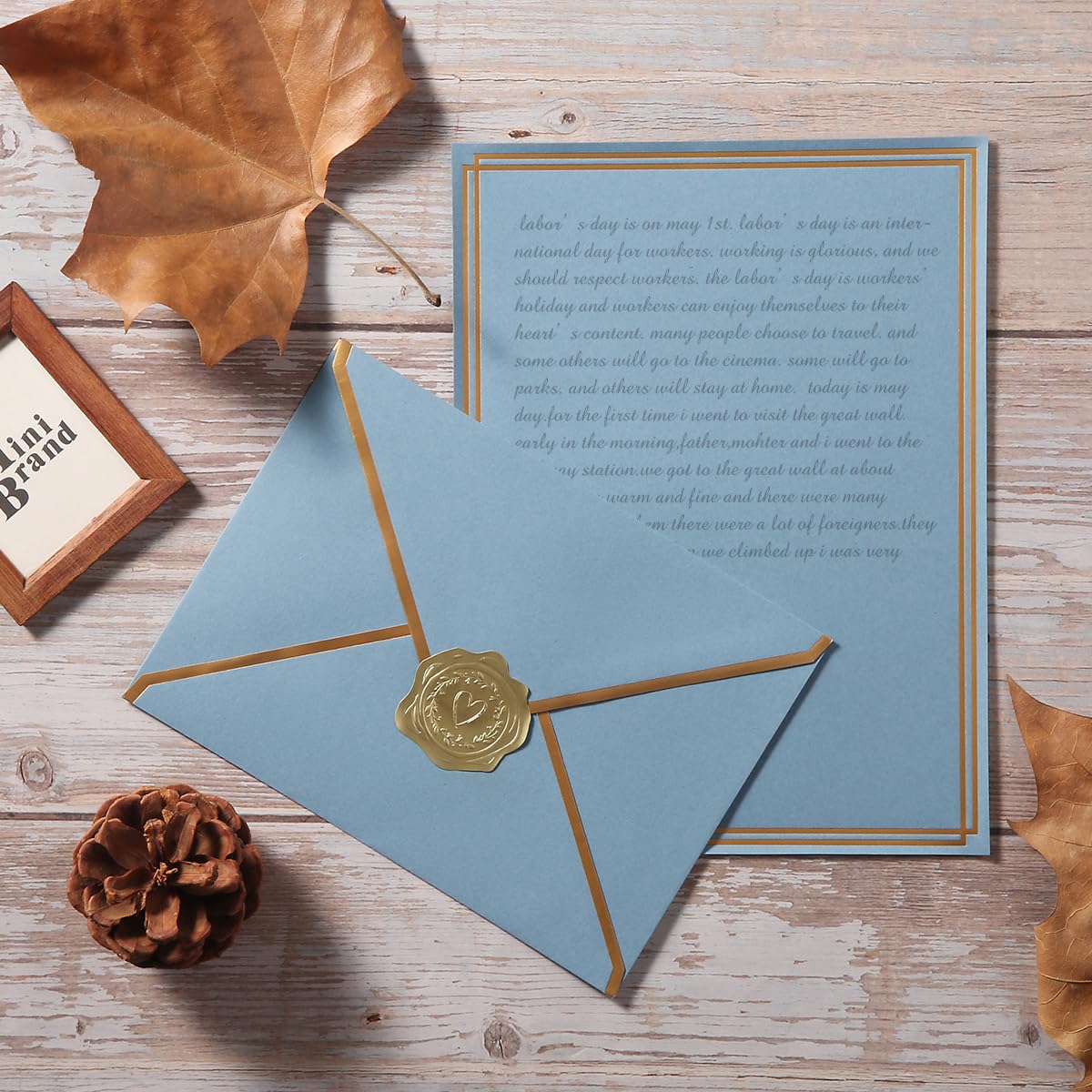 50 Pack Stationery Set with Envelopes, Cream Color, 8.5x11 Inches | Gold Border, #10 Business Envelopes and 8.5x11 Paper Sheets, Stickers for Letter Writing, Invitations