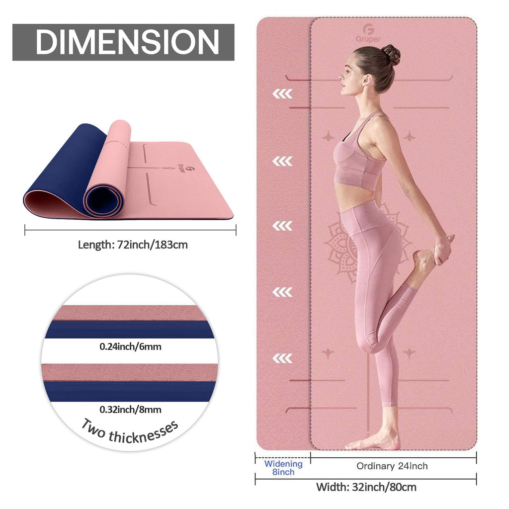 Gruper Yoga Mat Non Slip TPE Extra Wide Yoga Mat with Alignment Mark, 72"L x 32"W x 0.32"/0.24"Th (183cm x 80cm x 8mm/6mm), Anti-Tear Exercise Mat with Carrying Strap and Bag, Workout Mats for Yoga, Pilates