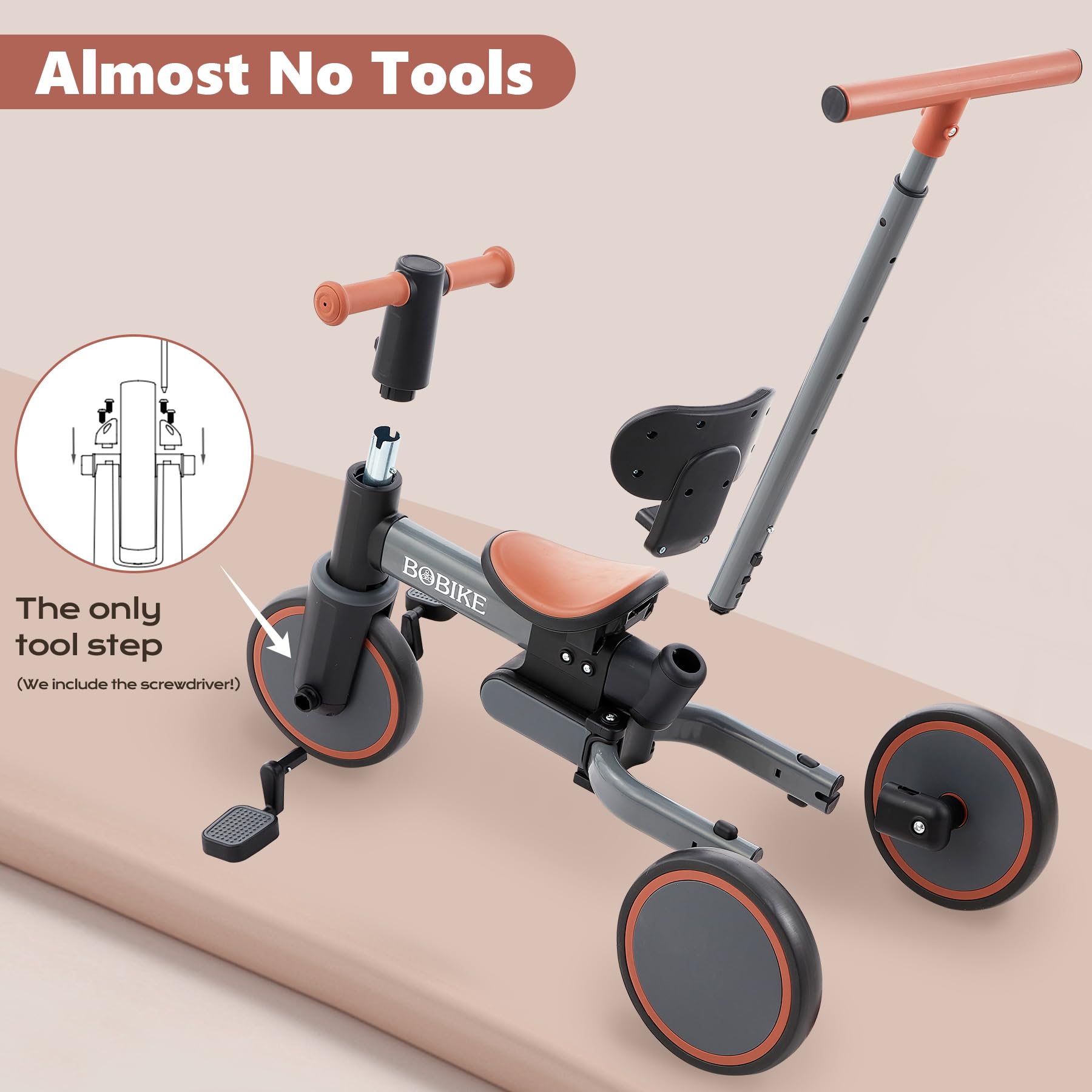 Toddler Bike with Push Handle,Tricycles for 1 to 3 Years Old, Toddler Tricycle with Push Handle for Boy Girl, Baby Balance Bike with Adjustable Seat Height and Removable Pedal (Black)