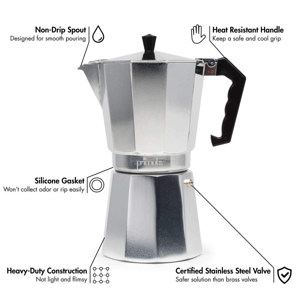 Primula Classic Moka Pot Stovetop Espresso and Coffee Maker, Italian and Cuban Cafetera for Rich Espresso Brewing, Durable Aluminum Greca Coffee Maker with Easy Grip Handle, 6-Cup, Black