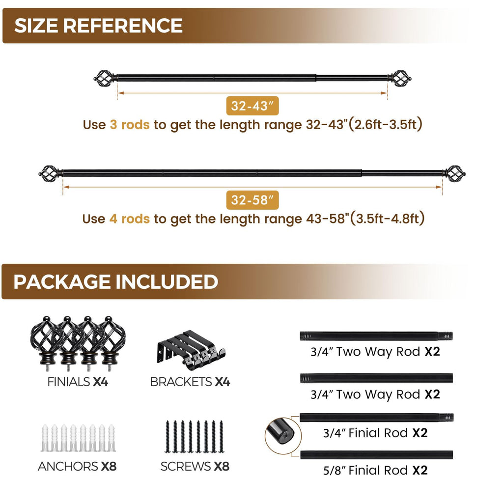 KAMANINA Silver Curtain Rod 32 to 58 Inch(2.6-4.8ft), Adjustable Curtain Rods for Windows 28 to 48 Inch, 3/4 Inch Splicing Drapery Rods with Twisted Cage Finial