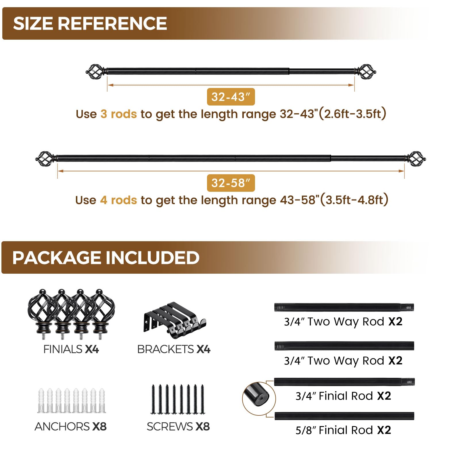 KAMANINA Silver Curtain Rod 32 to 58 Inch(2.6-4.8ft), Adjustable Curtain Rods for Windows 28 to 48 Inch, 3/4 Inch Splicing Drapery Rods with Twisted Cage Finial
