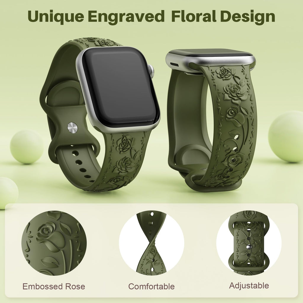 Floral Engraved Band Compatible with Apple Watch Band 40mm 41mm 38mm 42mm 44mm 45mm 46mm 49mm Women, Soft Silicone Cute Embossed Flower Strap for iWatch Band Series SE Ultra 11 10 9 8 7 6 5 4 3 2 1