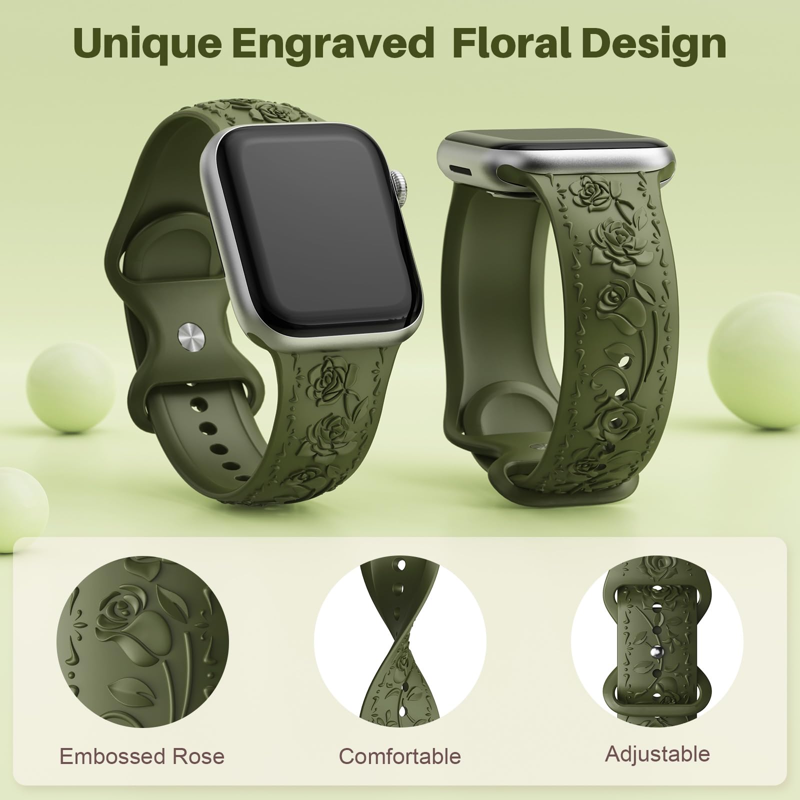 Floral Engraved Band Compatible with Apple Watch Band 40mm 41mm 38mm 42mm 44mm 45mm 46mm 49mm Women, Soft Silicone Cute Embossed Flower Strap for iWatch Band Series SE Ultra 11 10 9 8 7 6 5 4 3 2 1