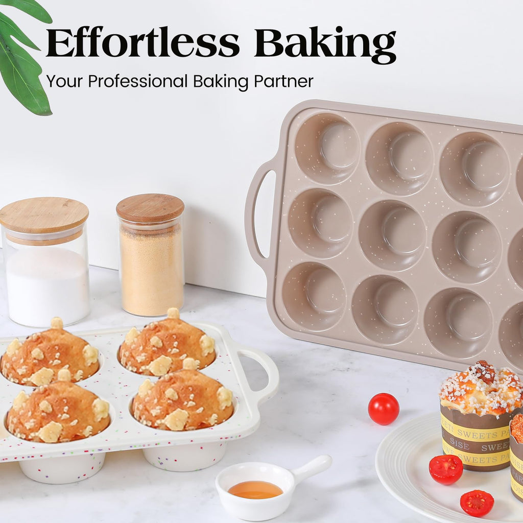 Vinino Silicone Muffin Pans for Baking with Metal Reinforced Frame, 12 Cups Regular Size Nonstick Brown Silicone Cupcake Pan, BPA Free Oven Dishwasher Safe Baking Mold for Muffins Cupcakes