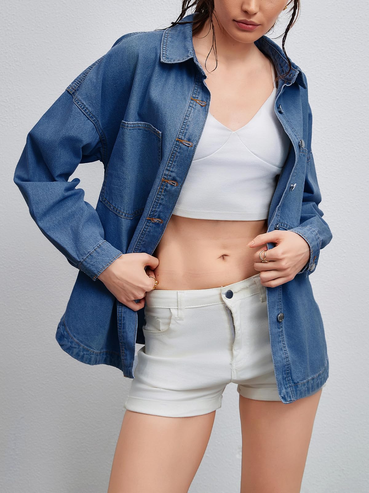 LifeShe Women Denim Shirt Jean Jacket Oversize Button Down Shirt Long Sleeve Jean Tops Trendy Shackets