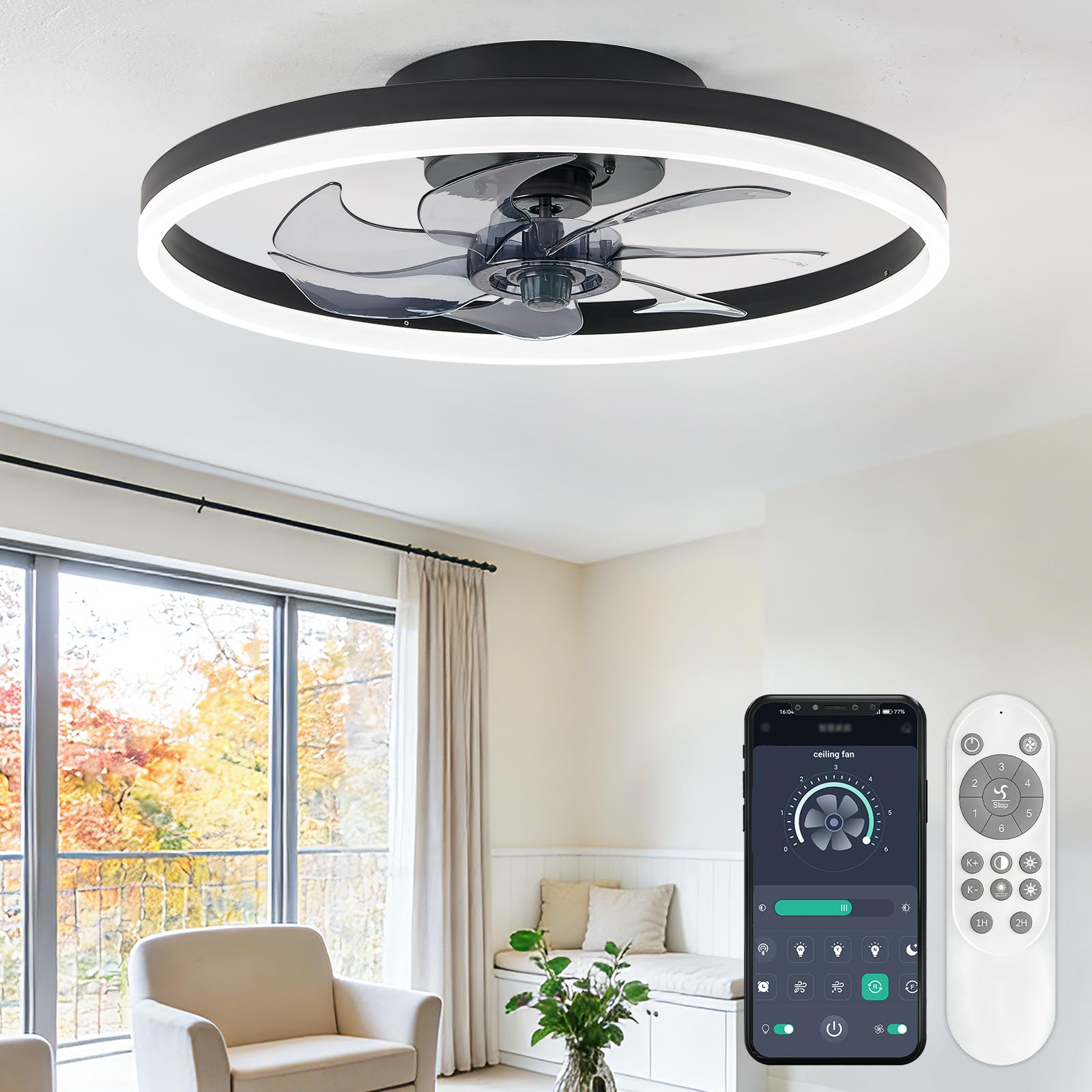 16 Inch RGB Low Profile Ceiling Fans with Lights, Modern Flush Mount Fandelier Chandelier Fixture, Remote & APP Control, Black LED Ceiling Fan Light for Bedroom, Living Room, Kitchen Indoor