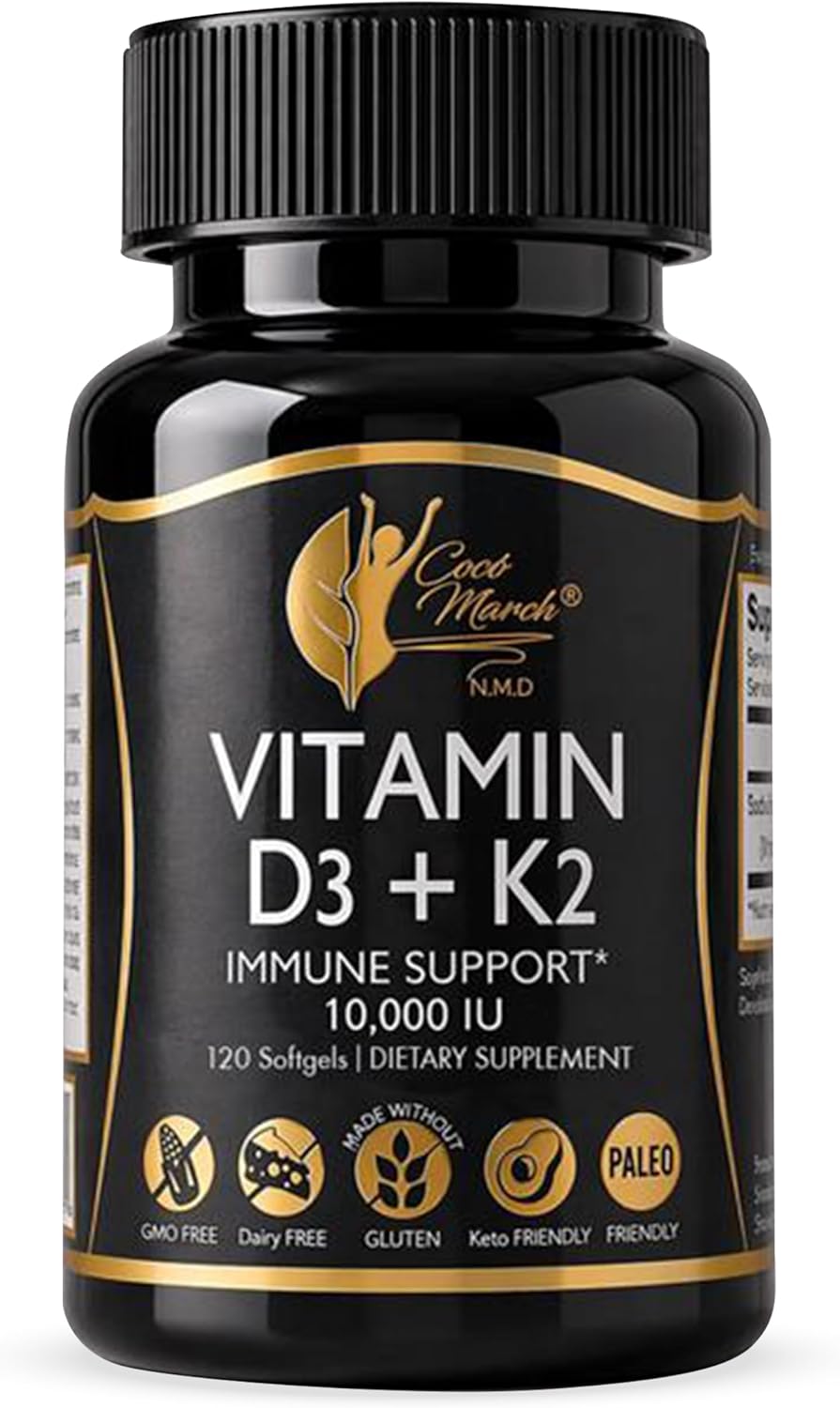 Cocó March N.M.D Vitamin D3+K2 10,000 IU - High Potency Supplement for Women & Men, Immune Support, Bone & Joint Health - Gluten-Free, Non-GMO, 4 Month Supply, 250 mcg D3, 180 mcg of Vitamin K2