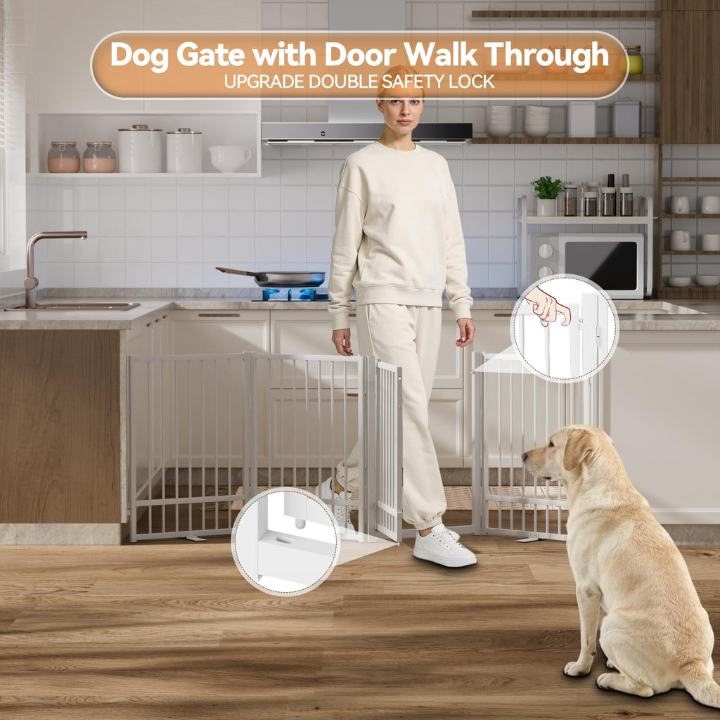 SNUOWU Full Metal Freestanding Dog Gate with Door, 24'' Height Foldable Pet Dog Fence for Indoor & Outdoor, 2 Panels Extra Wide Free Standing SmallDog Gates for Doorways,House,Stairs,Porch,Deck,Yard