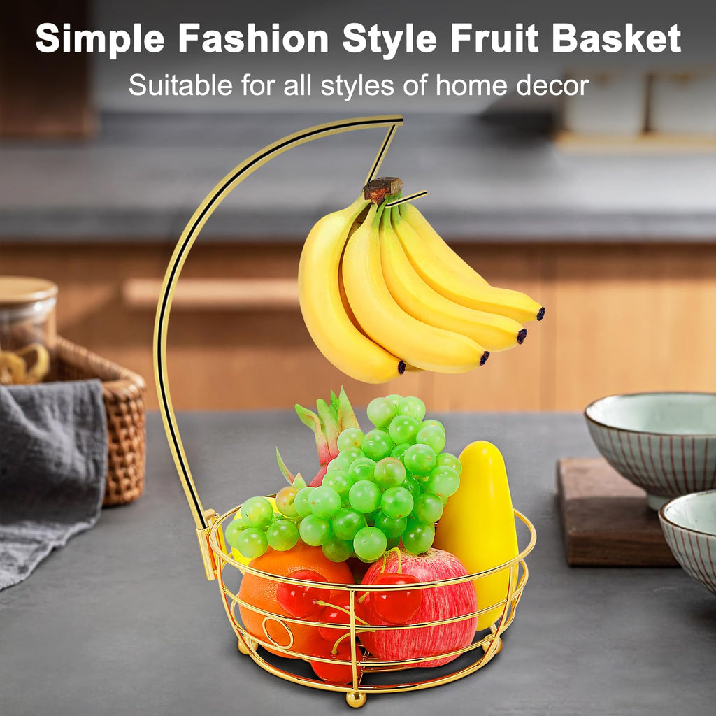 Livabber Countertop Fruit Basket Bowl with Banana Hanger, Modern Standing Fruit Vegetable Bowl Storage, with Banana Tree Holder for Kitchen Dinning Table (Round Marble, Black)