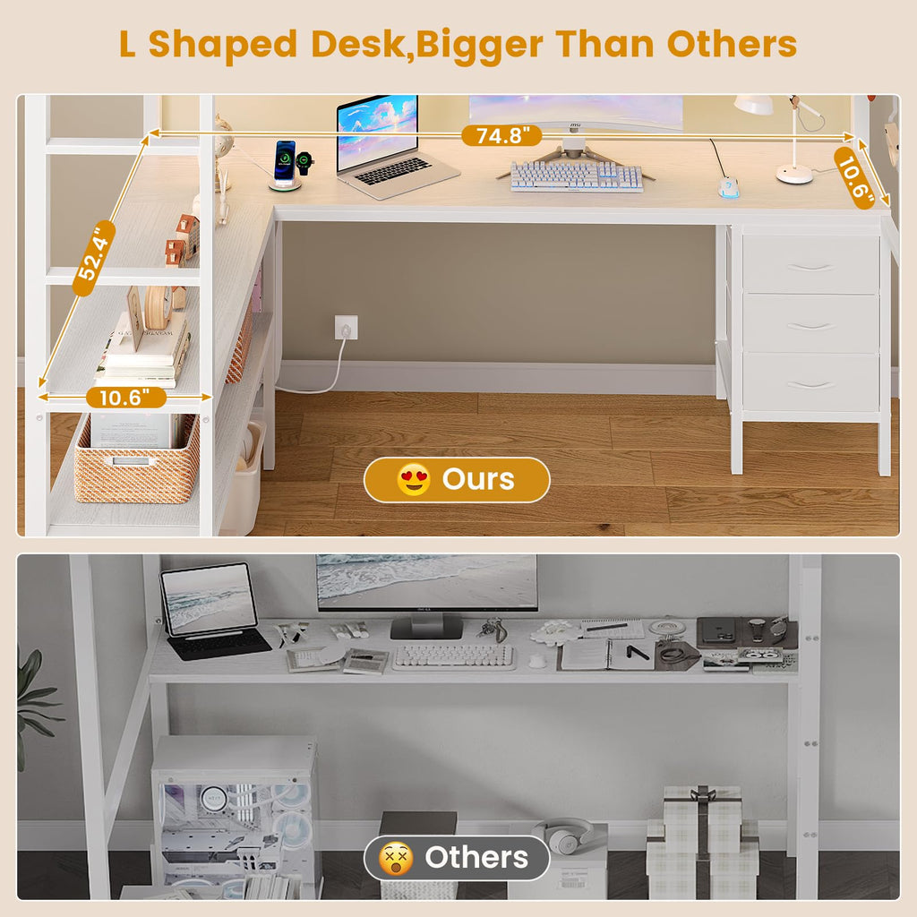 ADORNEVE Loft Bed Full Size with L-Shaped Desk, 3 Storage Drawers, Power Outlet, 3 Storage Shelves, Metal Loft Bed Frame with RGB Lights, Bed with Safety Guardrail & Ladders,Space-Saving, Grey