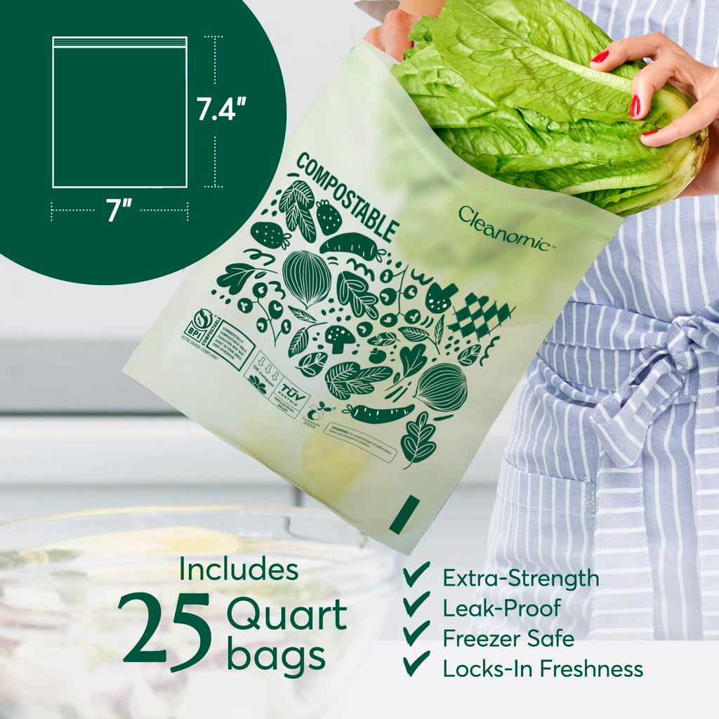 Cleanomic Compostable* Snack Size Food Storage Bags (50 Eco Zip) Freezer and Leak Proof, Also Available Gallon, Quart and Sandwich Size Bags