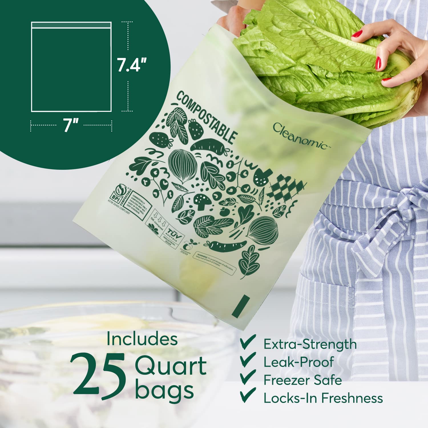 Cleanomic Compostable* Snack Size Food Storage Bags (50 Eco Zip) Freezer and Leak Proof, Also Available Gallon, Quart and Sandwich Size Bags