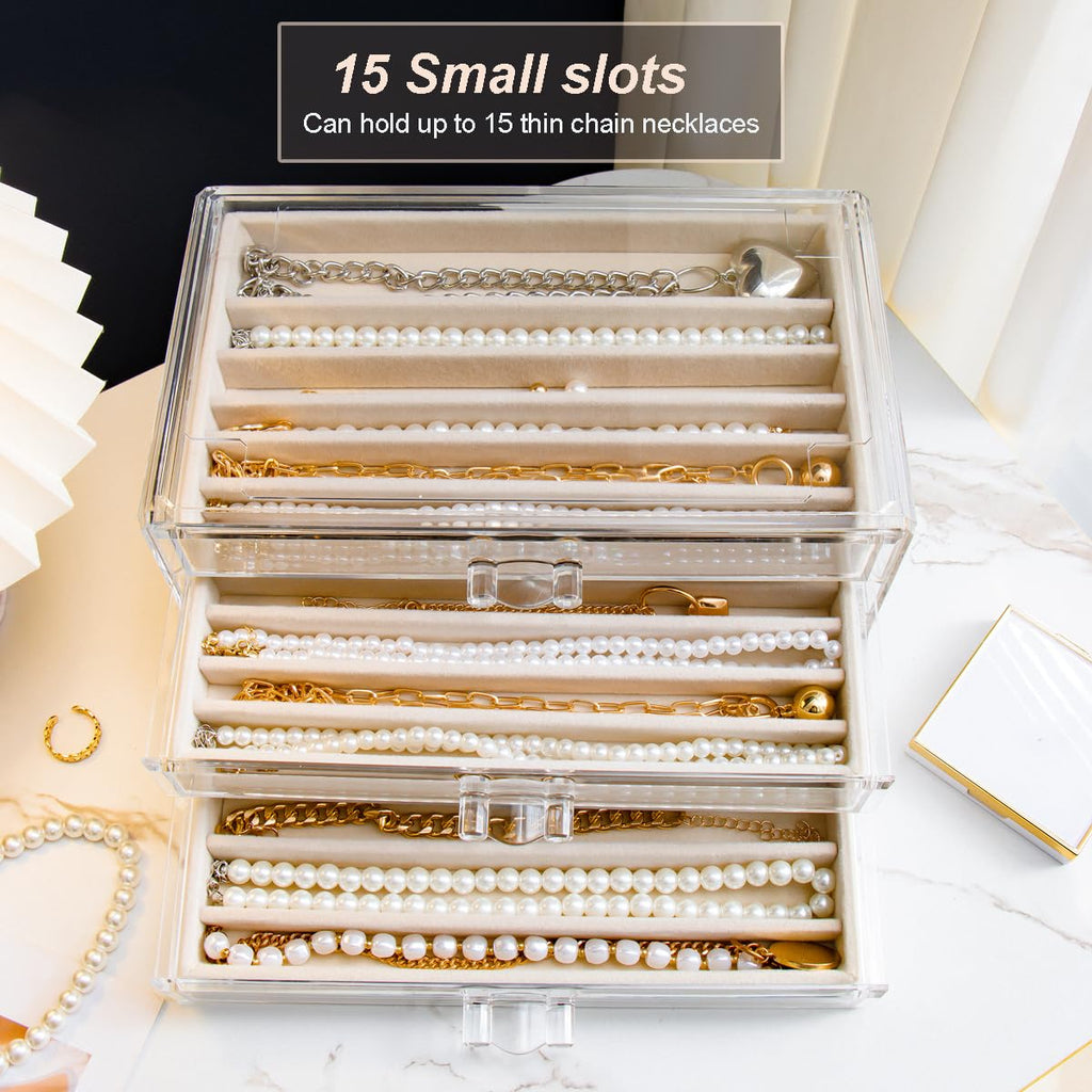 YUFONG Necklace Holder Organizer, Dustproof Necklace Box Velvet Necklace Organizer Box with Lid Clear Acrylic Dustproof Stackable Jewelry Displays for Necklaces Chain Display (Beige, 3 Drawer)