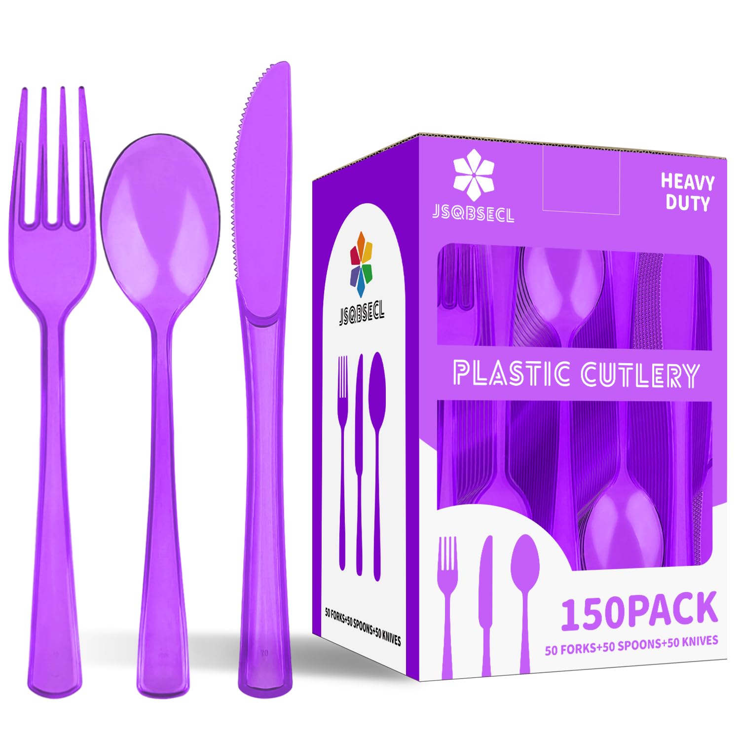 150 Pack Plastic Silverware,Disposable Cutlery Set Heavy Duty Utensil Sets 50 Forks 50 Knives 50 Spoons for Brithday, Wedding,Home School Party Picnics Restaurant Outdoor Events (Black)