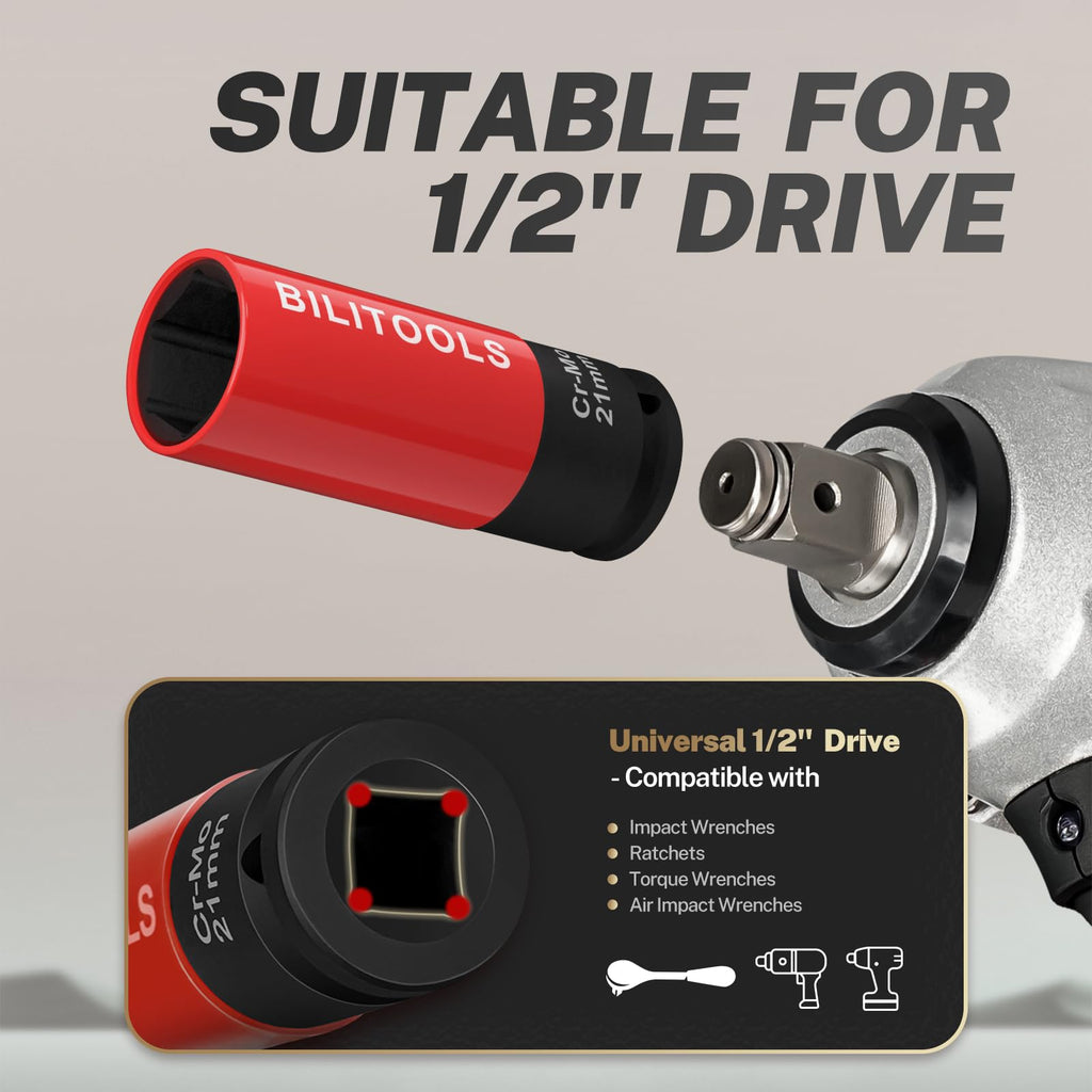 BILITOOLS 1/2 inch Drive Impact Lug Nut Socket Set, 15 17 19 21 22 MM Non-Marring Thin Wall Wheel Protector Nut Socket