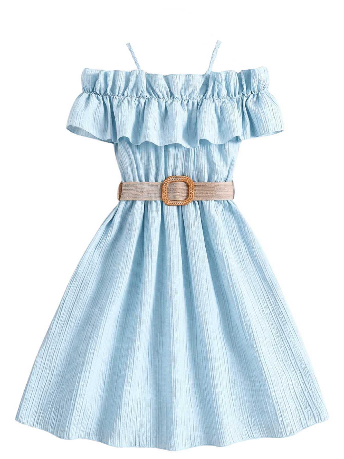 Floerns Girls Cold Shoulder Ruffle Trim Short Sleeve Belted A Line Midi Dress