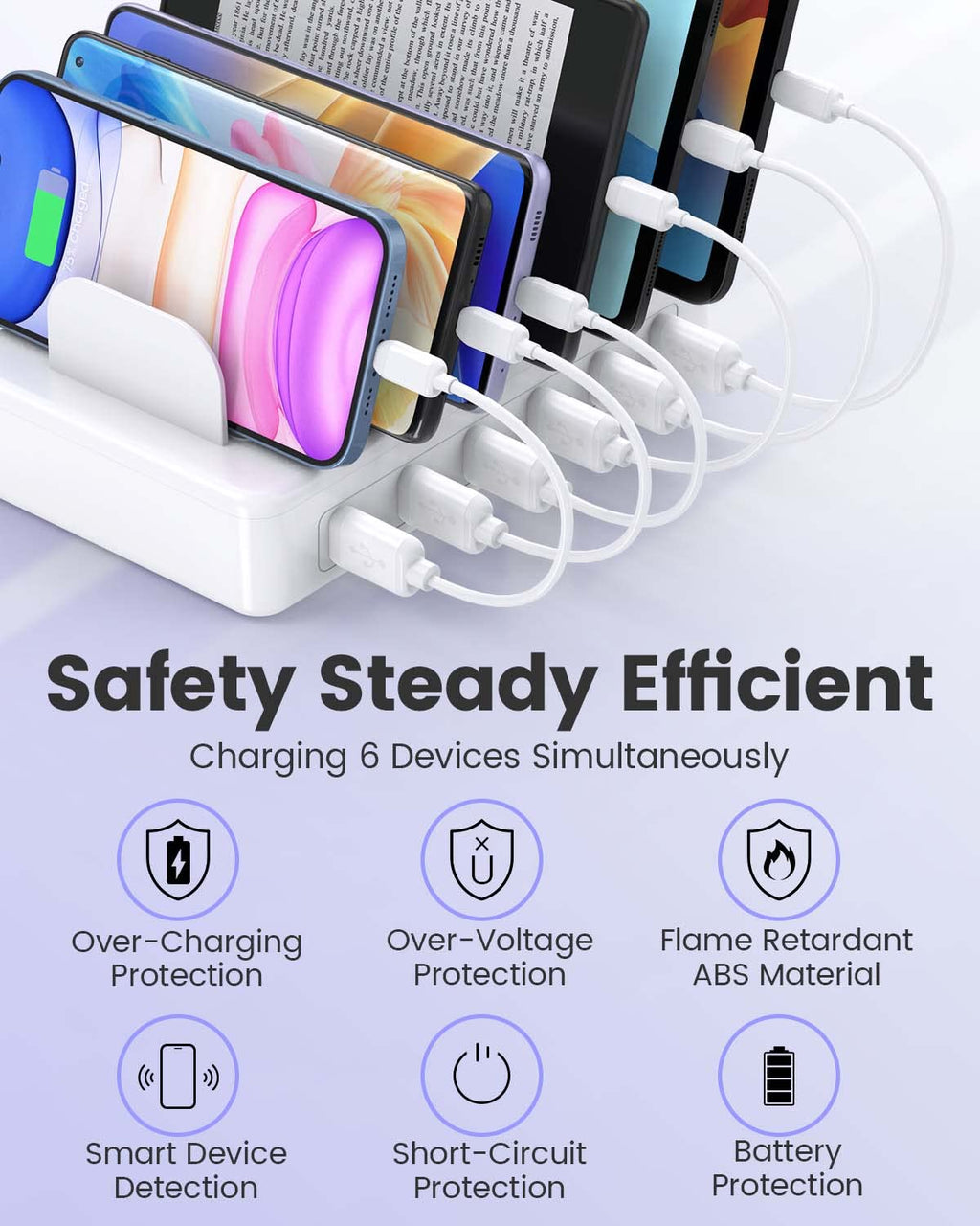 CREATIVE DESIGN 50W 6 Ports Multi Charger Station with 6 Charging Cables, USB Charging Dock for Multiple Devices, Compatible with Cellphone iPad Kindle Tablet and Other Electronic Devices