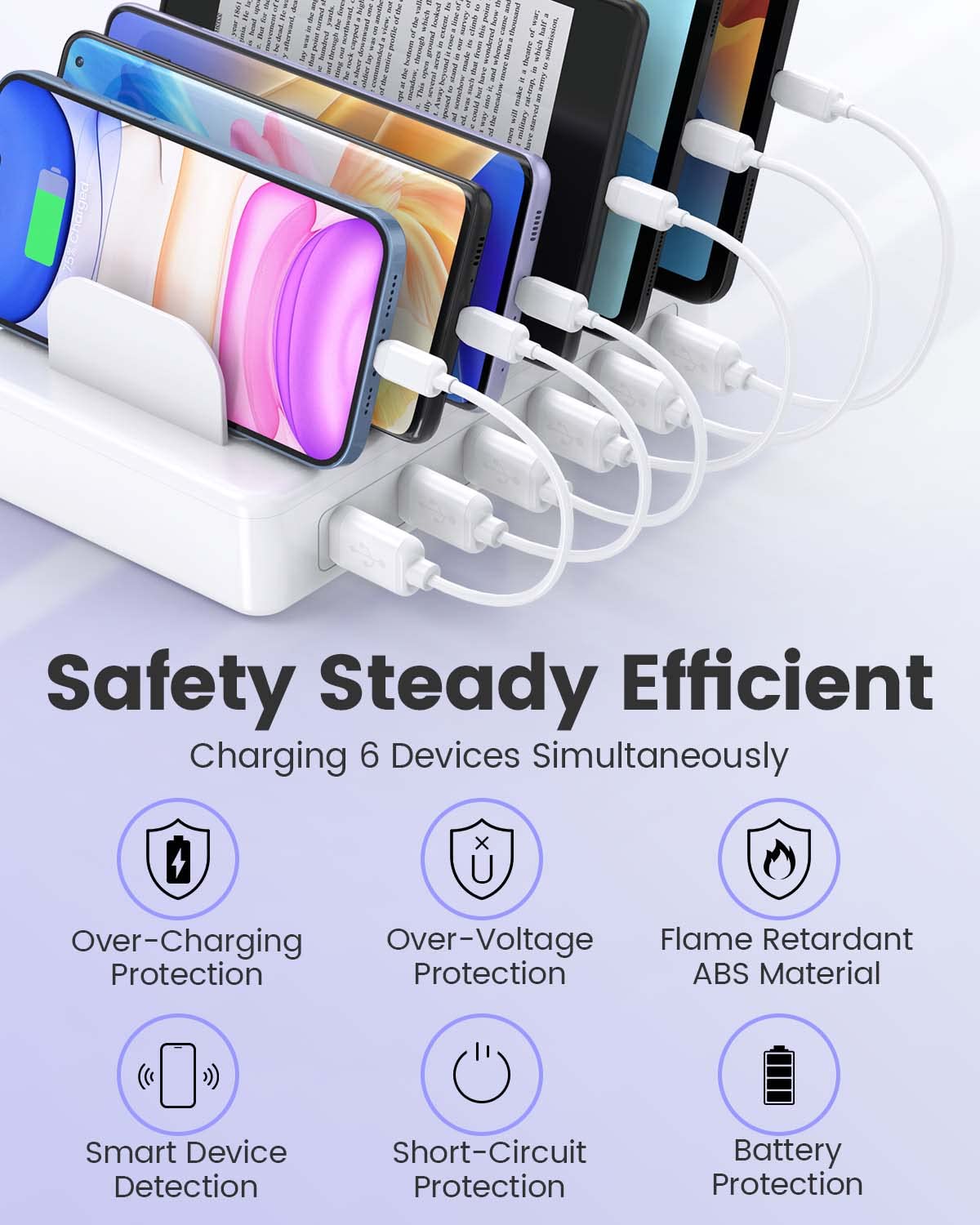 CREATIVE DESIGN 50W 6 Ports Multi Charger Station with 6 Charging Cables, USB Charging Dock for Multiple Devices, Compatible with Cellphone iPad Kindle Tablet and Other Electronic Devices