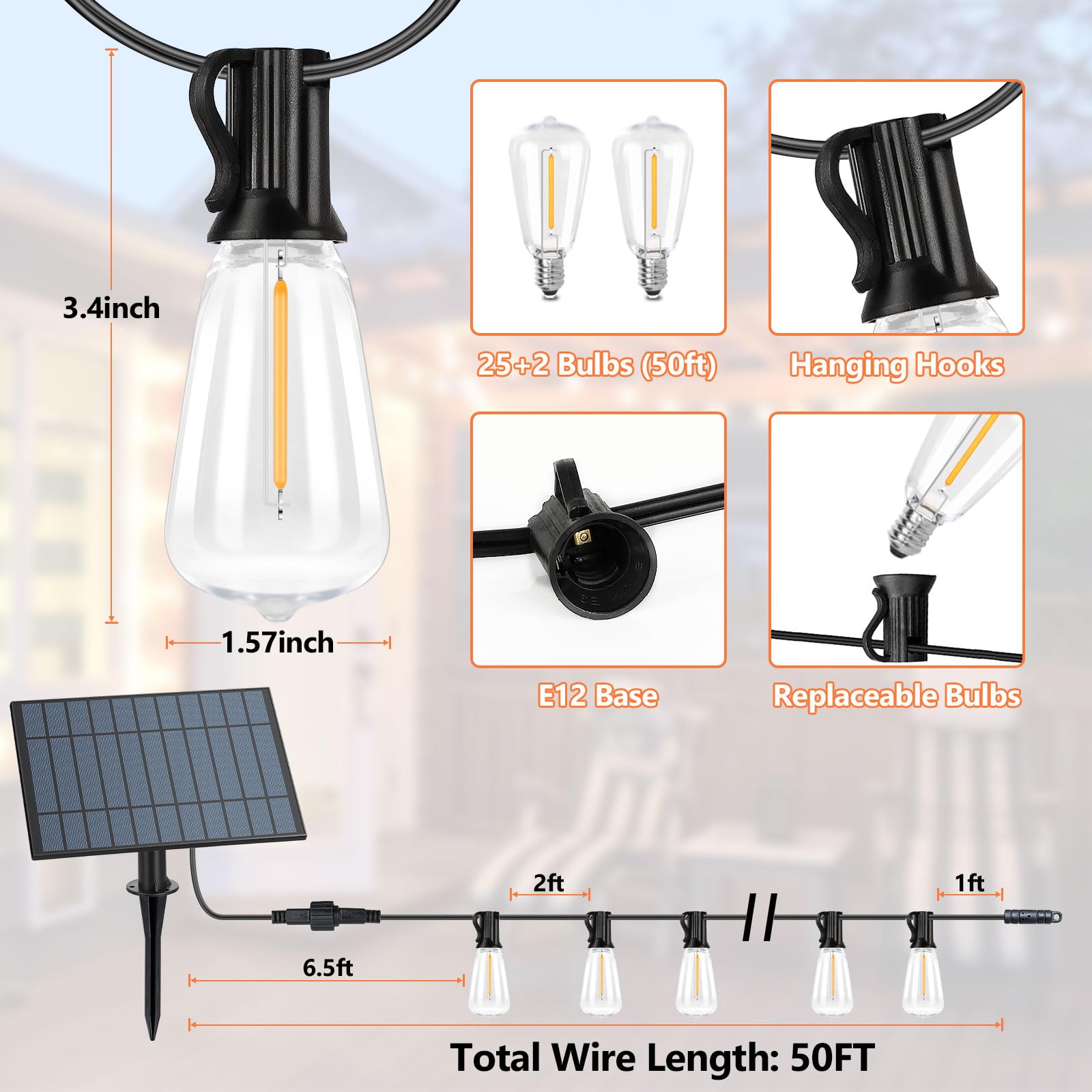 50 FT Solar String Lights for Outside, Solar Powered Outdoor String Lights with 26 Shatterproof Edison Bulbs, Dimmable Patio Lights Waterproof with Remote Timer for Wedding Backyard(Warm White)