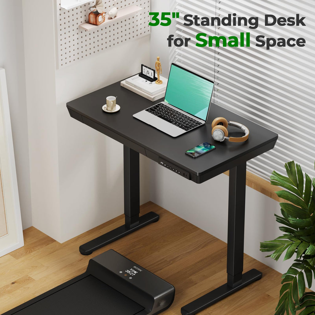 Glass Electric Standing Desk with Drawer, 35" x 20" Whole Piece Tabletop Samll Sit Stand Table, Height Adjustable Workstation with Storage & USB Ports, Quick Install Home Office Desk